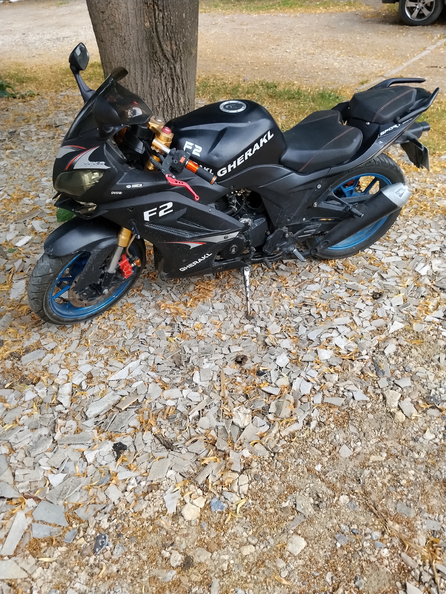 A black sport motorcycle is parked on a gravelly ground littered with fallen leaves, next to a tree. The motorcycle has "F2" and "GHERAKL" written on its body. The front wheel has blue rims and red brake calipers. The motorcycle also has a black seat and a silver exhaust pipe. The background shows a blurry patch of grass and a dirt path. The scene appears to be outdoors, possibly in a park or a residential area.