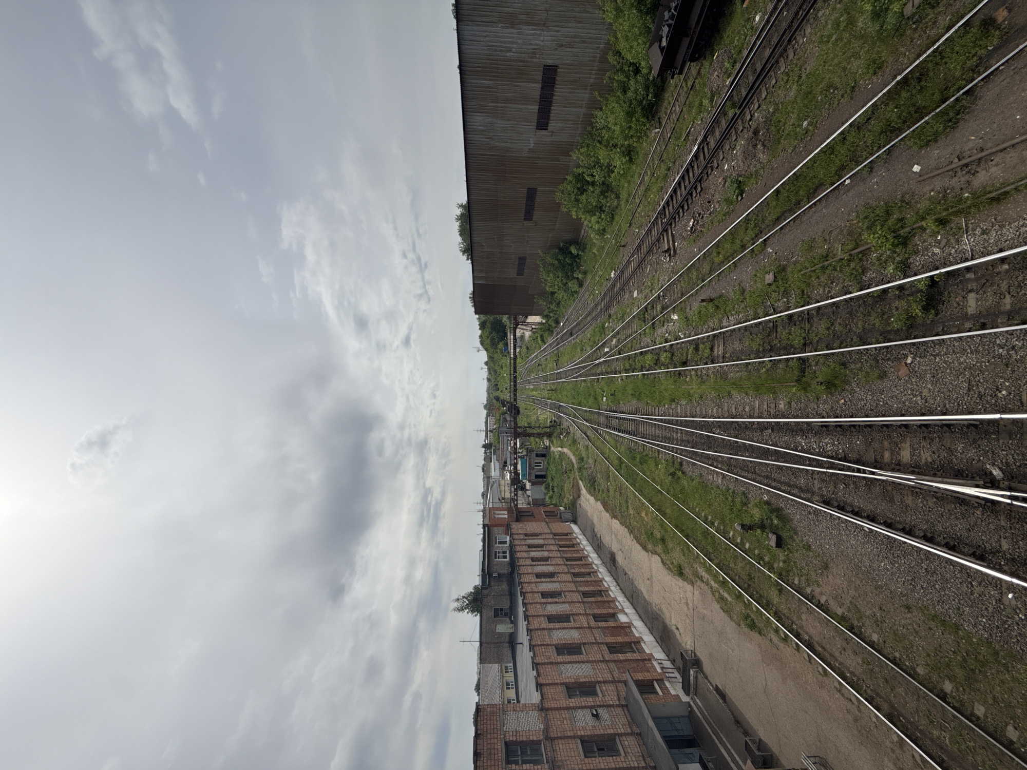 The image depicts a railway yard in Izhevsk, Russia, viewed from an elevated position. Multiple sets of parallel railway tracks converge into the distance. A large, corrugated metal building stands on one side of the tracks, while a brick building runs parallel to the tracks on the other side. Vegetation grows between the tracks. The sky is overcast with clouds. No people are visible.