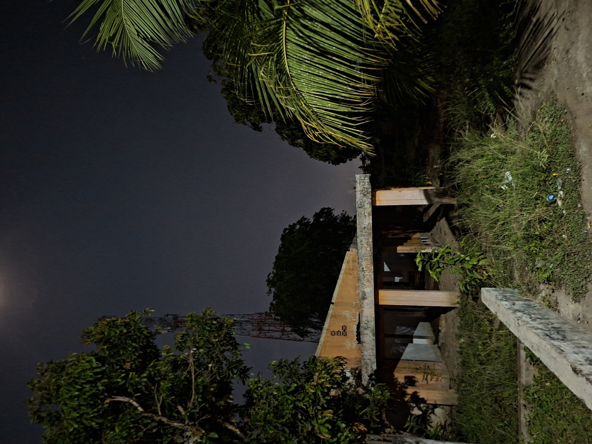The image captures an outdoor scene at night or dusk in Keudegeudong, Indonesia, featuring dense vegetation and man-made structures under a dark, cloudy sky.
In the foreground, large, vibrant green palm fronds hang from the upper right, partially framing the scene. Below them, a patch of overgrown grass and weeds, interspersed with litter such as plastic bottles and wrappers, covers the ground towards the bottom right. A long, grey concrete bench or barrier extends horizontally across the lower right portion of the frame.
Centrally located is a yellowish-orange structure, possibly a small building or shelter, with visible architectural elements and what appear to be wooden support beams or interior framing. On the side of this structure, dark numbers "19 131313" are clearly visible.
To the left and behind this structure, a cluster of dark green trees with visible branches and foliage stands out against the dark backdrop. Further in the background, a tall, red and white lattice tower, resembling a telecommunications mast, rises into the sky, partially obscured by the trees. A faint, diffuse light source, possibly the moon or a distant artificial light, glows softly in the upper left corner of the frame.
The scene conveys a quiet, somewhat untended atmosphere at night, with no people present or any specific activity occurring.
