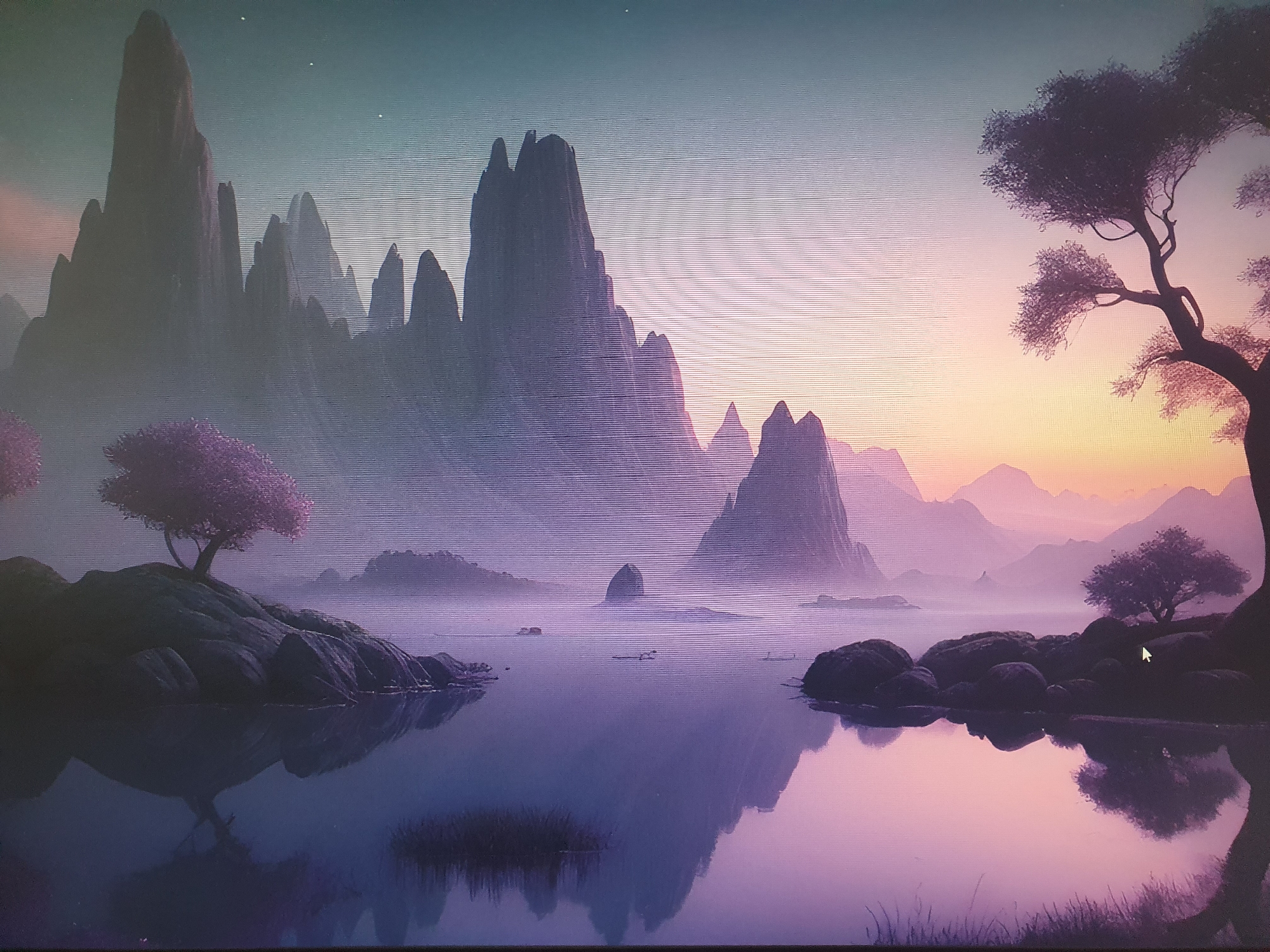 The image depicts a serene, atmospheric landscape rendered in a painterly, digital art style. Jagged, misty mountain peaks dominate the background, transitioning from dark silhouettes to softer, purple-hued forms in the distance. The foreground features a calm body of water reflecting the sky and mountains. On the left side, a rocky outcrop is adorned with a small, vibrant purple tree. On the right, a larger, dark silhouette of a tree frames the scene, with its branches reaching towards a sky ablaze with a soft gradient of pink and yellow, indicating either sunrise or sunset. The overall mood is tranquil and ethereal, with a subtle luminescence pervading the scene. The image is not representative of any specific location in Tashkent, Uzbekistan, as it is a stylized, imaginary landscape.