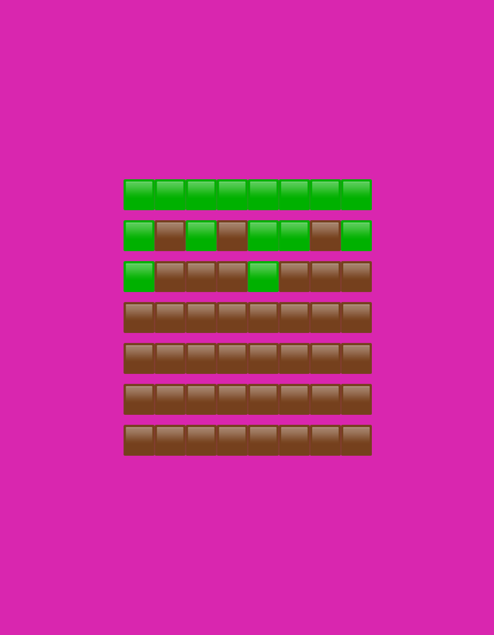 The image features a grid of square-shaped objects arranged against a solid magenta background. The grid is composed of seven horizontal rows, with each row containing nine identical squares. All squares possess a glossy, three-dimensional appearance due to subtle light reflections.
The color distribution across the rows follows a specific pattern:
- The first row, at the top, consists entirely of bright green squares.
- The second row displays an alternating sequence of green and brown squares, starting with green.
- The third row also shows an alternating pattern of green and brown squares, but it begins with brown.
- The bottom four rows (rows four through seven) are uniformly filled with brown squares.
The green squares could represent vegetation or crops, while the brown squares might symbolize soil or earth, suggesting a highly stylized representation of a landscape, possibly agricultural, which could relate to the provided context of Dunavtsi, Bulgaria. There are no people, discernible activities, time-of-day indications, weather conditions, or visible text in the image.