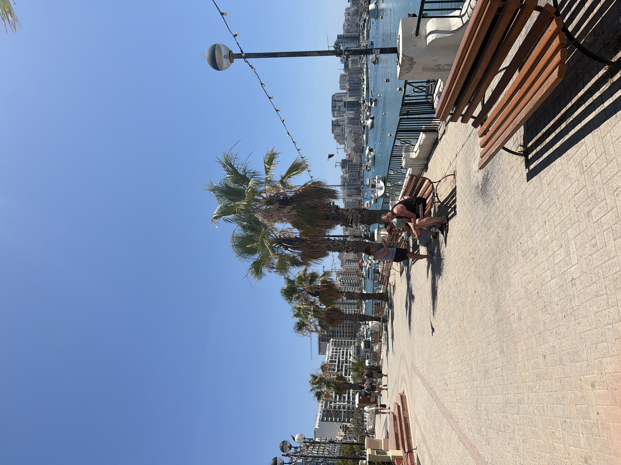 A waterfront promenade in Gżira, Malta, features a paved walkway lined with benches and palm trees. In the foreground, a person sits on a bench, and to the right, another bench is empty, casting long shadows from the midday sun. The promenade overlooks a harbor filled with numerous boats and yachts. Across the water, a city skyline is visible, characterized by multi-story buildings and construction cranes, indicative of ongoing development. The sky is a clear, vibrant blue. Several people are walking along the promenade in the mid-ground.