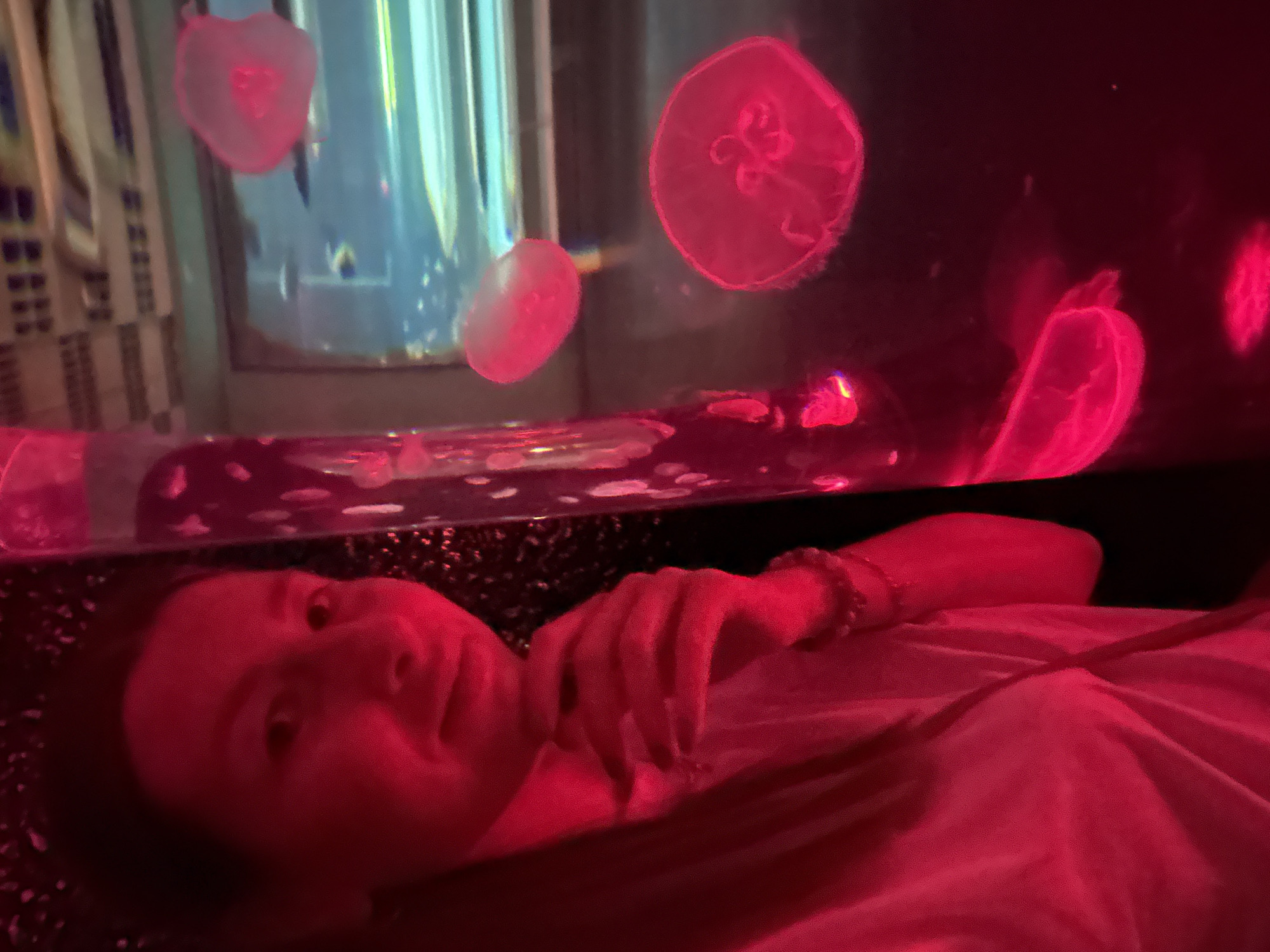 A woman is lying on a bench, looking up into a jellyfish tank. The scene is lit with red light, and jellyfish are visible in the tank above her. The location is likely the Moskvarium in Moscow, Russia, based on the jellyfish and tank setup.