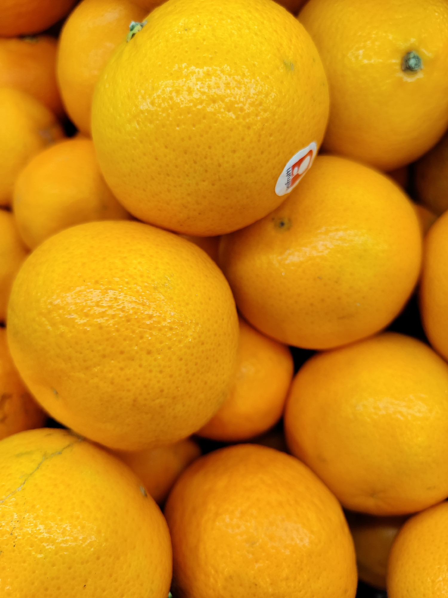 A close-up, high-angle shot captures a pile of bright orange tangerines, stacked and filling the frame. The fruits have a textured peel with visible pores, and some display slight variations in color and minor imperfections. One tangerine in the upper right quadrant has a small, white sticker with red and orange lettering. The background is dark, focusing all attention on the citrus fruits. The scene does not contain any elements to suggest a location in Tashkent, Uzbekistan.