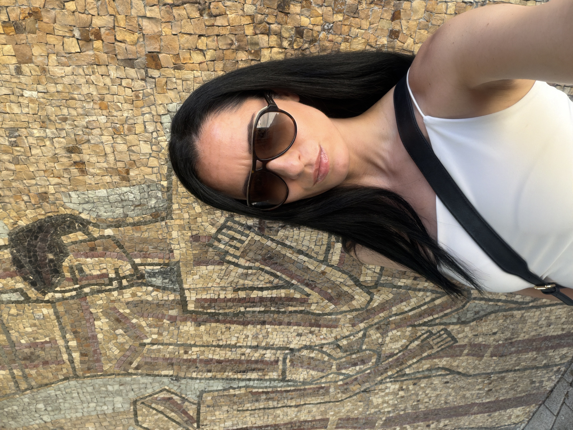 A woman is captured in a tilted selfie against an intricate mosaic wall in Pleven, Bulgaria. She has long, straight dark hair and is wearing dark sunglasses with light brown frames. Her attire consists of a simple white sleeveless top, and a black strap from a bag is visible across her left shoulder. Her lips are slightly parted, conveying a neutral or composed expression behind the sunglasses.
The background is a detailed mosaic artwork, constructed from numerous small, irregularly shaped tesserae. The tiles are in various earthy tones, including beige, different shades of brown, and grey. The mosaic depicts stylized figures and geometric patterns; on the left side, a darker, abstract human-like head or figure is discernible, while other sections feature linear and shaped designs that suggest architectural or abstract motifs. The lighting indicates it is daytime, and the scene appears to be outdoors in clear weather. There is no visible text in the image.