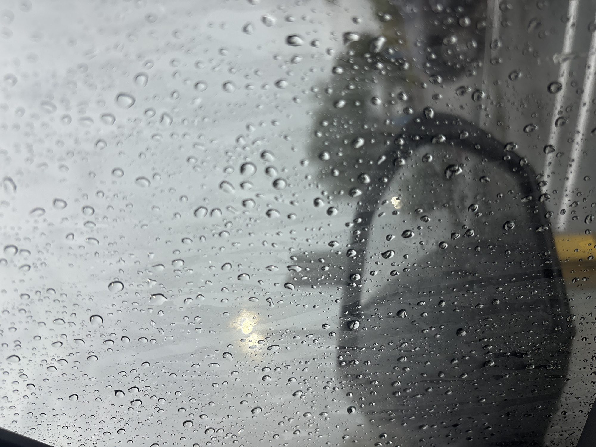 The image depicts raindrops on a car window, viewed from inside the vehicle. The background is blurred, showing a street or parking lot scene with trees, a street light, and other vehicles. The weather appears overcast and rainy, creating a somber and reflective mood. The location is identified as Tangelo Park, United States of America.