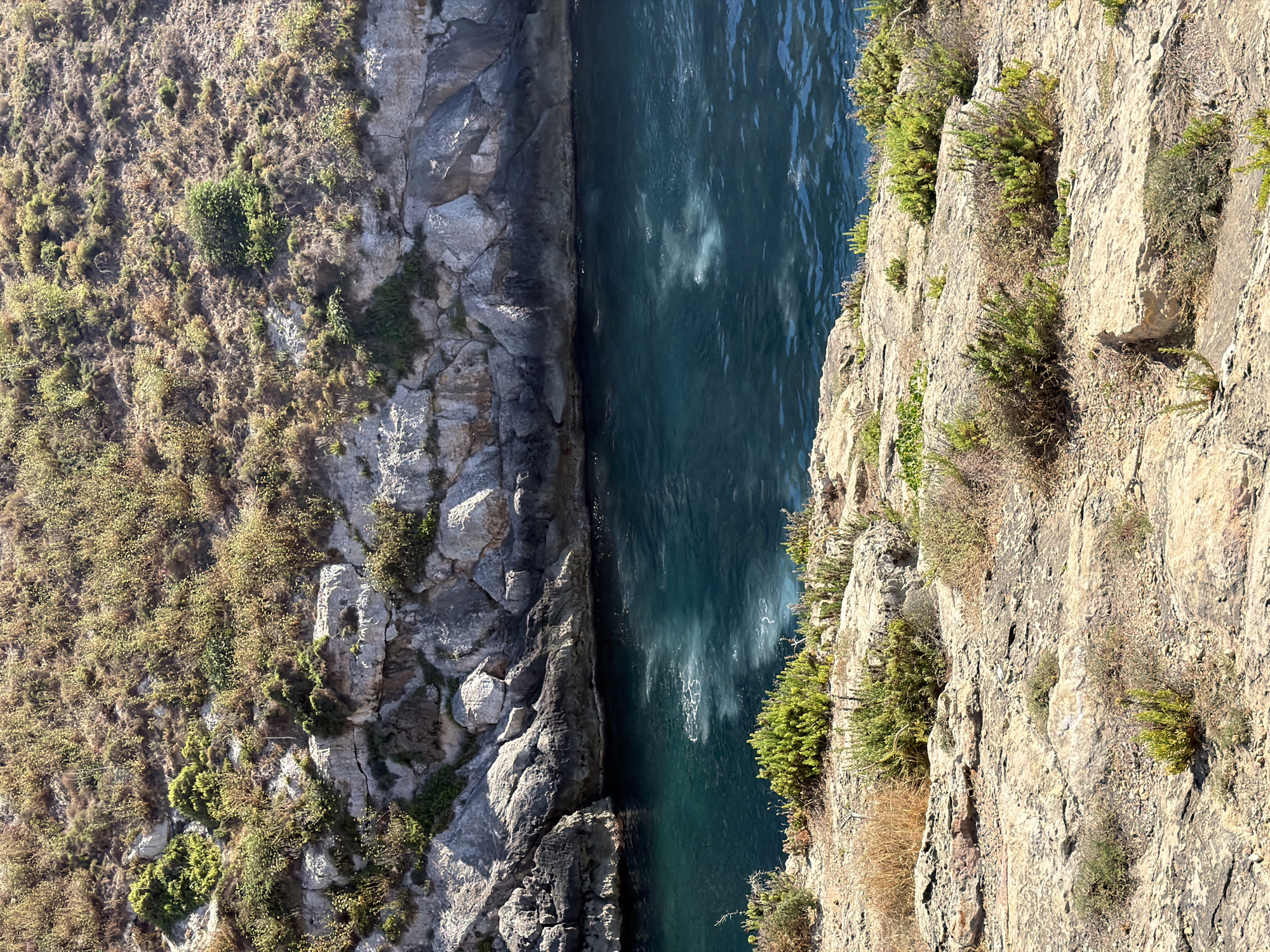 The image shows a rugged, rocky coastline with clear, deep blue water. The rocks are layered and appear weathered, with sparse vegetation growing in crevices and on top of the cliffs. The water has a shimmering surface, and there are some white, frothy areas indicating movement or possibly something beneath the surface. The scene is bathed in bright sunlight, casting shadows and highlighting the textures of the rocks and plants. The overall impression is of a natural, somewhat wild coastal landscape.