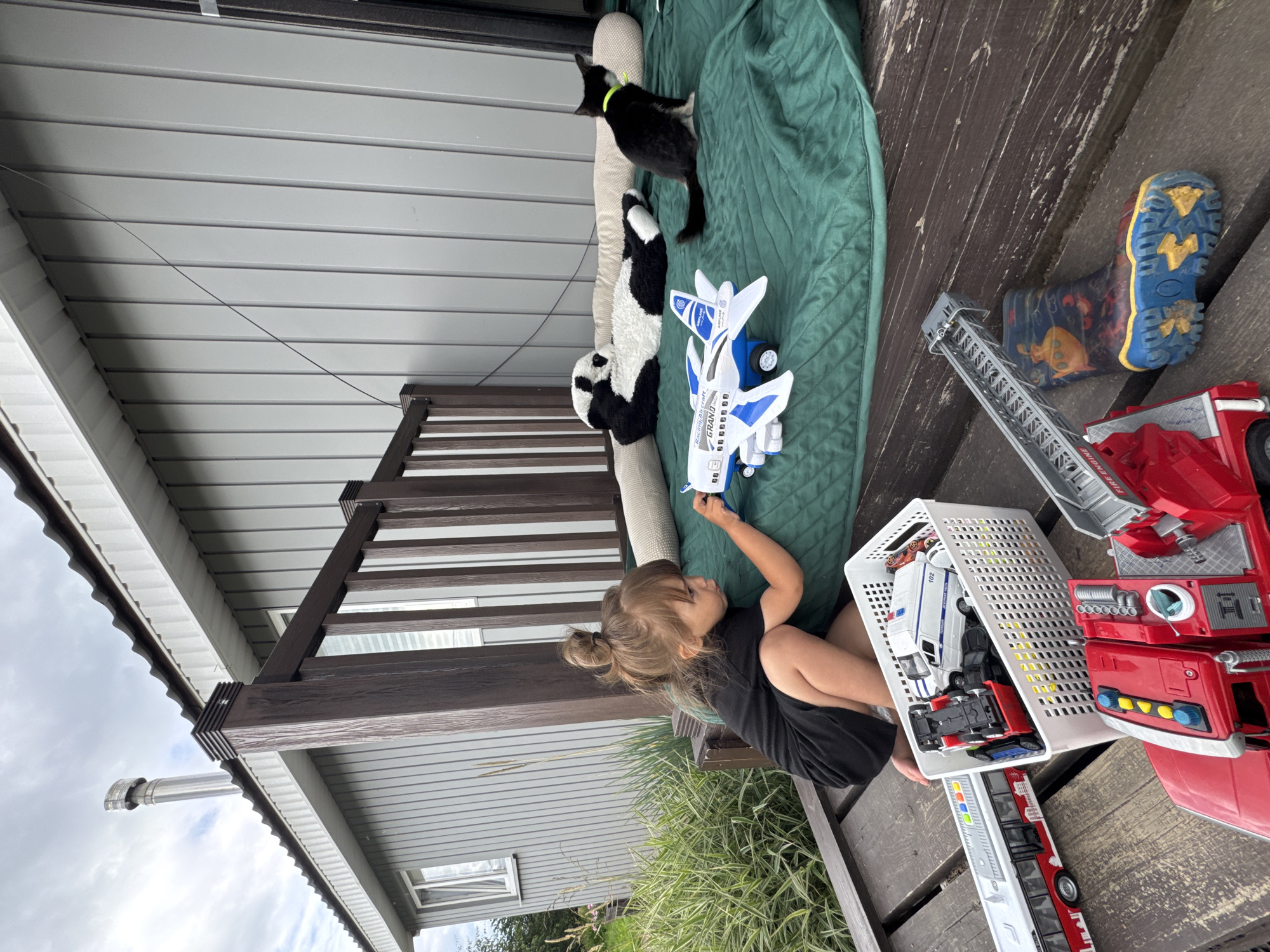 In Kempelevo, Russia, a young child, a girl with her hair in a bun, is crouched on a wooden deck, playing with toys. She is wearing a black dress. In front of her are a white basket filled with toy vehicles, including a police car and a fire truck. To her left, a toy bus is partially visible. To her right, she is reaching for a toy airplane. A large green blanket is spread out on the deck behind the child, and on it sits a plush panda toy and a black and white cat wearing a yellow collar. The deck is attached to a grey-sided house with a corrugated roof and a metal chimney. The background shows tall green grass and a cloudy sky.
