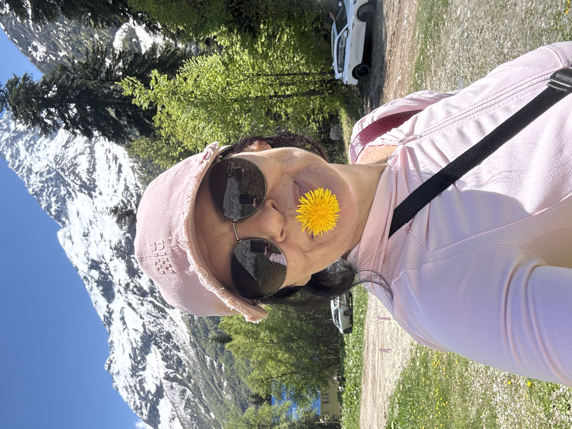 An adult female is captured in a selfie on a bright, sunny day in Верхне-Тебердинское сельское поселение, Russia, with towering, snow-capped mountains and green forests forming the backdrop. She wears a distressed light pink baseball cap and dark, circular sunglasses that reflect the surrounding landscape and her arm holding the camera. A yellow dandelion is held playfully between her lips. She is dressed in a light pink zippered hooded jacket, with a black strap from a bag crossing her chest. Her dark hair is visible beneath her cap. The foreground features a dirt or gravel path with patches of grass dotted with small yellow flowers. In the mid-ground, a light-colored building with a blue roof is visible to the left, along with a silver or white sedan parked nearby. To the right, a white SUV with dark wheels is parked further back on the dirt road. Tall green trees, including conifers and deciduous types, flank the road and ascend the lower slopes of the distant, majestic mountains. The sky above is clear and blue.