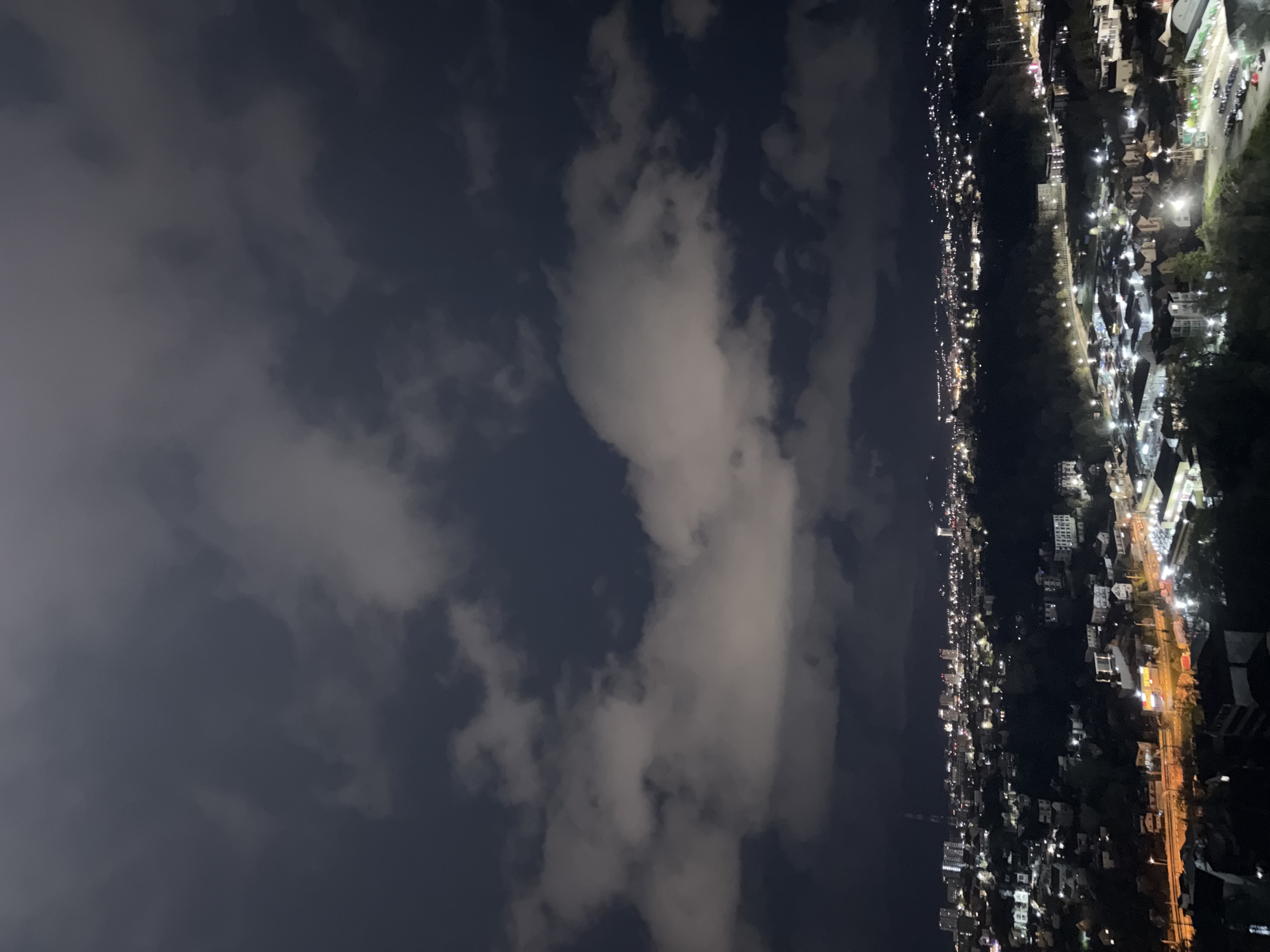 Here is a description of the image:
The image presents a nighttime view of Sochi, Russia, under a cloudy sky. The cityscape, illuminated by artificial lights, stretches along the coastline. Buildings and streets are visible as concentrations of light, differentiating areas of habitation and transit. The sky is filled with clouds, reflecting some light from the city below.