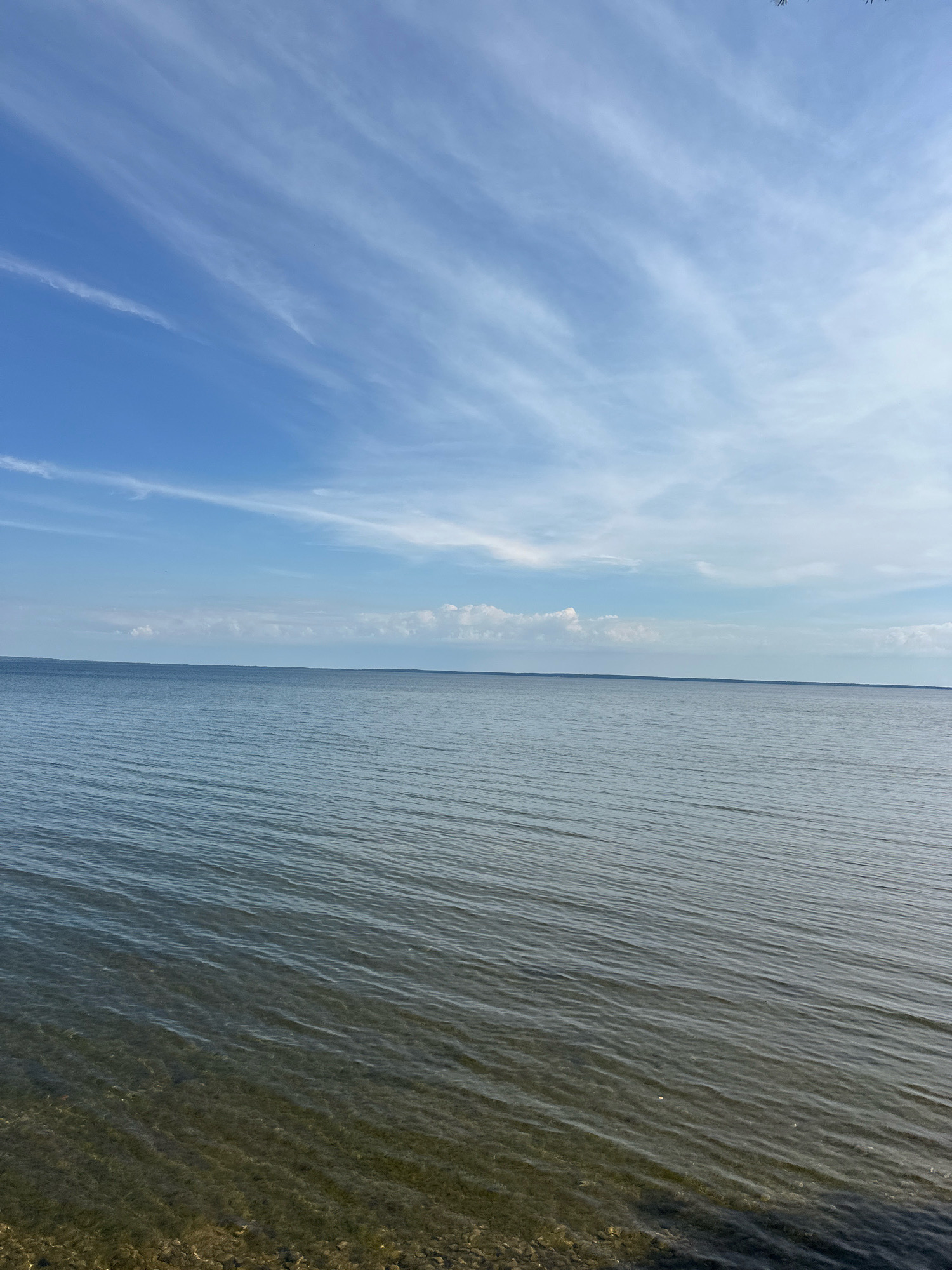 The image depicts a serene natural landscape, likely a body of water bordering a landmass. The sky is a vibrant blue, adorned with wispy white clouds that stretch across the frame. The water itself is calm and reflects the sky, with subtle ripples creating a textured surface. The foreground shows a shallow, clear area of water revealing a rocky or pebbled bottom. The distant horizon is a thin, dark line separating the water from the land. There are no people or man-made structures visible in this outdoor scene, suggesting a relatively untouched natural environment within the vicinity of Нарацкі сельскі Савет, Belarus. The overall impression is one of tranquility and vastness.