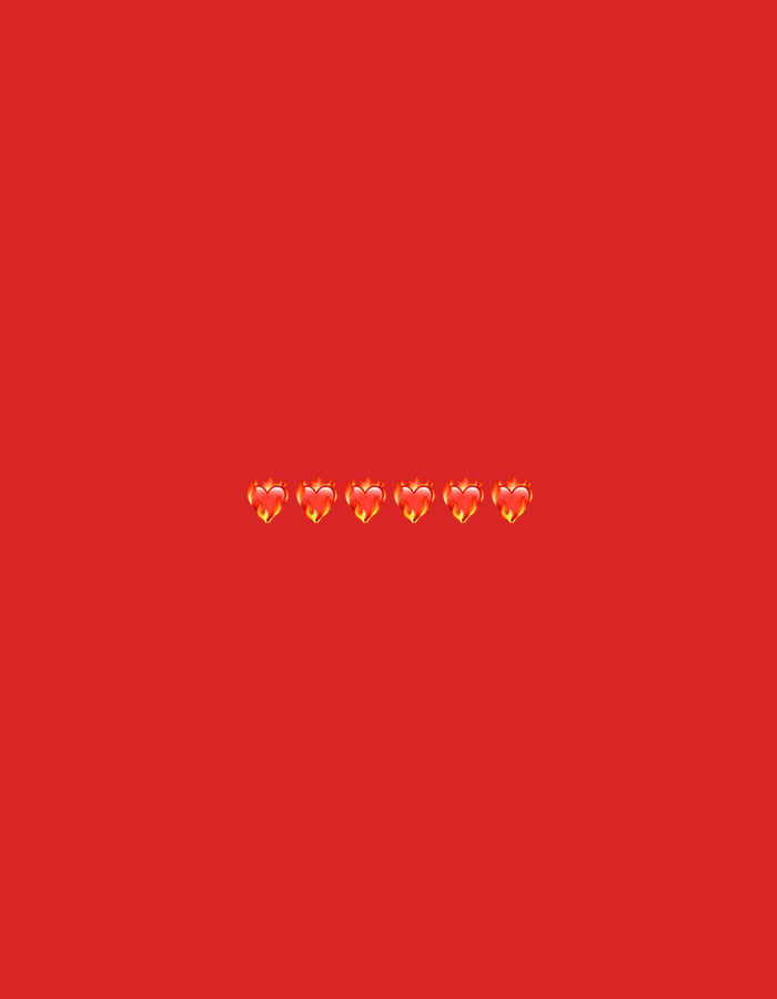 A red background features a row of five flaming heart emojis, evenly spaced and centered horizontally. The emojis appear to be three-dimensional, with bright orange flames emanating from their tips. The image is minimalist and abstract, with no discernible setting or location information. Therefore, it is not possible to provide details about its location in the city of Gorzow, Poland.