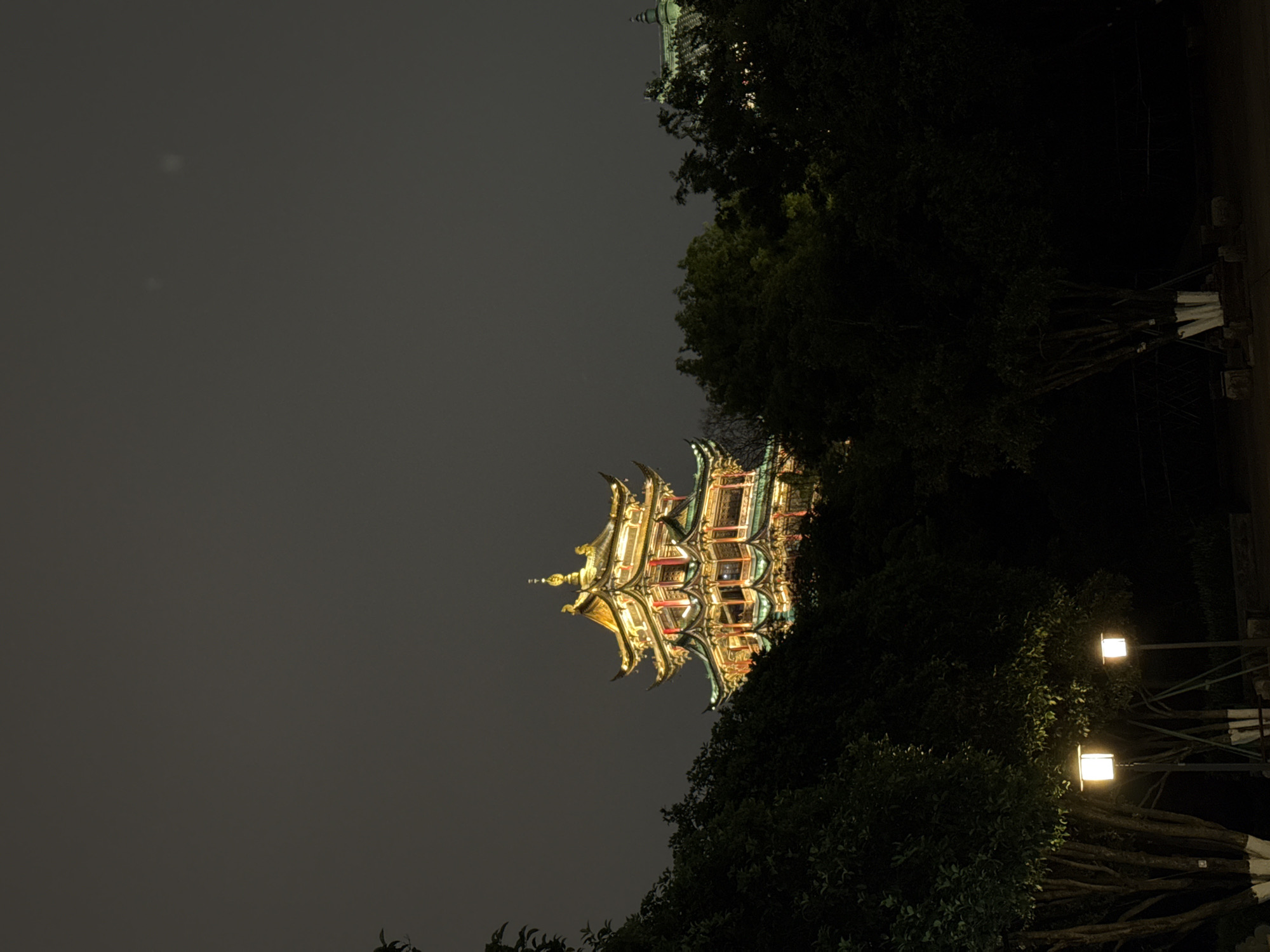 At night in Liangjiang, China, a brightly lit Chinese pagoda is partially visible through trees. A nearby street lamp illuminates more trees.