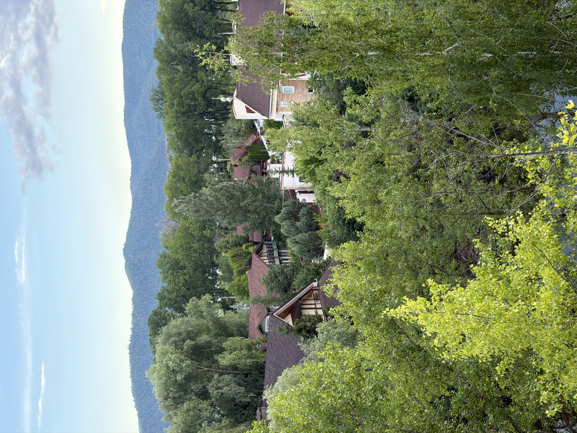 This image shows a suburban landscape with several houses nestled among lush green trees. The houses feature prominent reddish-brown roofs and are constructed with various materials, including brick and lighter-colored siding. Some homes have balconies and visible windows. The foreground is dominated by dense foliage, with several trees displaying bright green leaves, suggesting a temperate season. In the background, rolling hills covered in trees stretch towards a pale blue sky with scattered white clouds. The overall scene conveys a sense of residential tranquility in a natural setting. This is likely a view from a hillside or elevated position looking down on a neighborhood within the city of Volzhskiy, Russia. There are no people visible in the image.