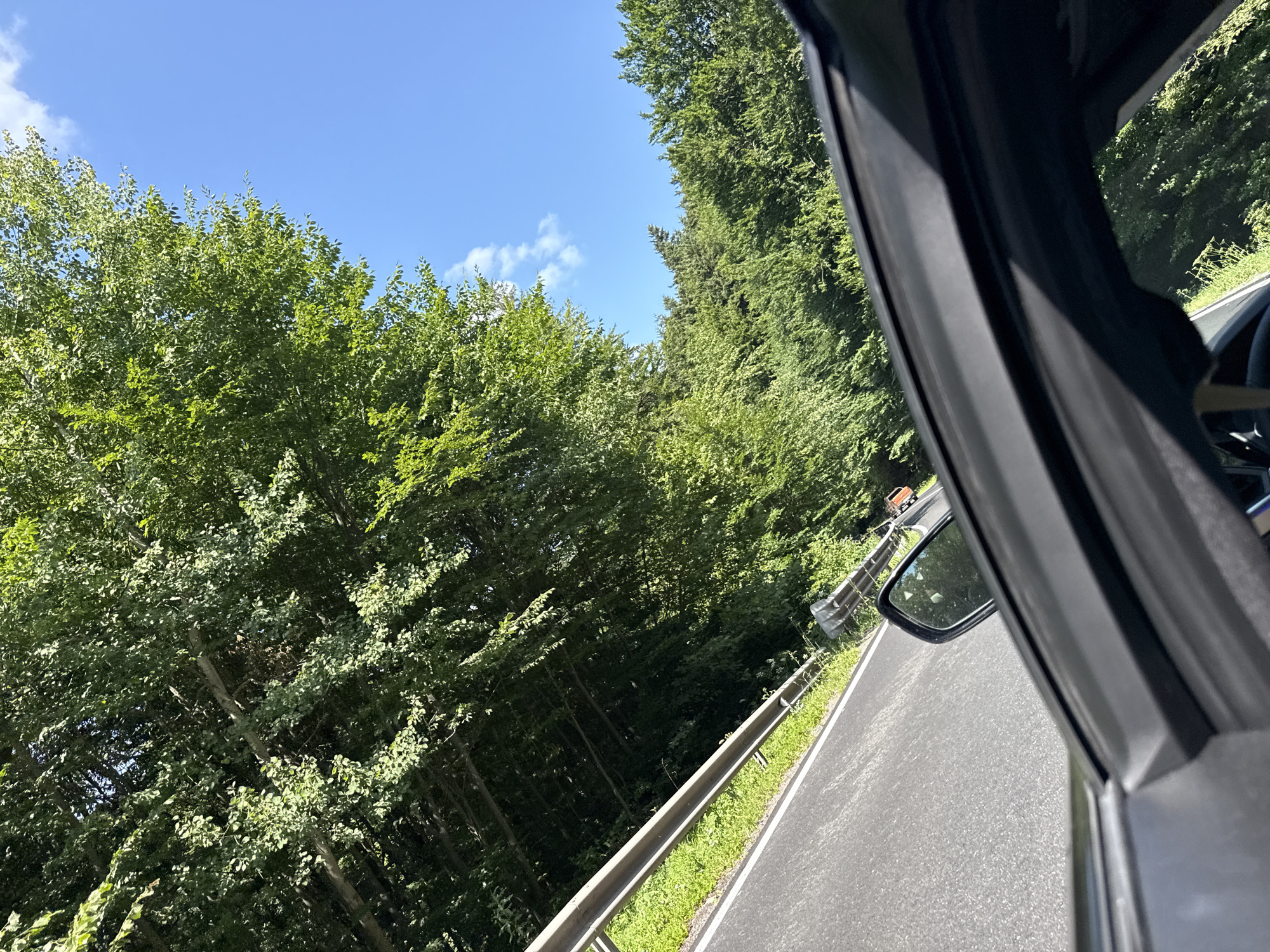 The image depicts a scenic view from the passenger side of a vehicle traveling along a road bordered by dense green trees. The road, paved with asphalt, has a white line marking its edge. A metal guardrail runs along the roadside, separating the road from a grassy verge and the surrounding forest. The trees, characterized by lush green foliage, dominate the landscape, creating a tunnel-like effect over the road in some areas. The sky above is a clear, vibrant blue with a few scattered white clouds. The perspective suggests movement, with the road and trees appearing to recede into the distance. The interior of the vehicle is visible in the foreground, showing a portion of the car's door and window frame. The scene conveys a sense of a peaceful, natural drive through a wooded area.