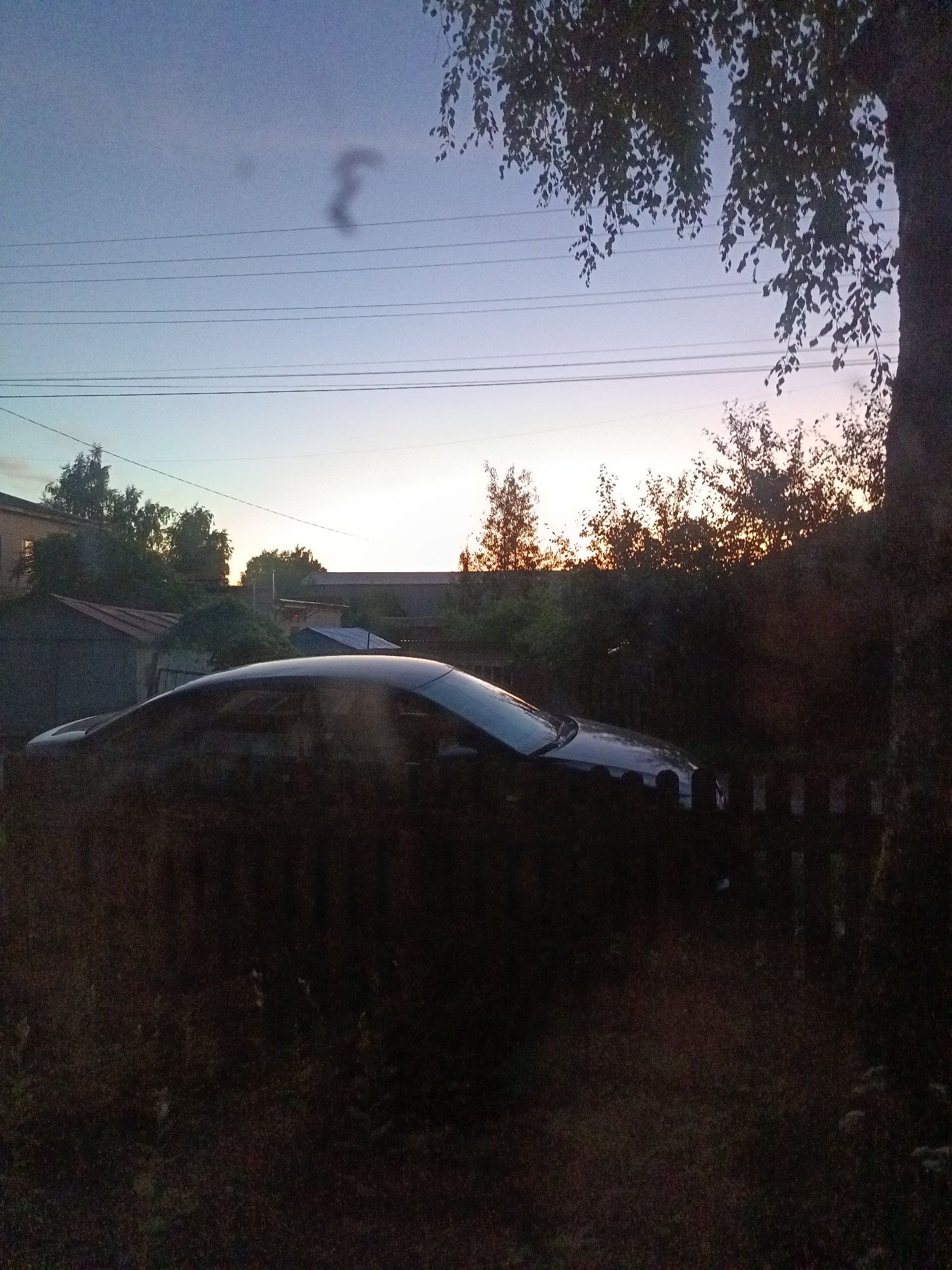The image depicts a twilight scene, likely in a rural or suburban area, potentially in Sokol, Russia, given the context. In the foreground, a dark-colored sedan is partially visible, its silhouette against the dim lighting. A wooden fence runs across the lower portion of the frame, obscuring parts of the vehicle and the ground. Overgrown vegetation and trees dominate the midground, with some foliage from a large tree with leaves hanging down from the top right corner. Behind the trees, several structures are visible, including what appears to be a brick building on the left and a series of smaller outbuildings or garages with metal roofs. The sky is a gradient of pale blue and pink hues, indicating the sun has recently set, with power lines stretched horizontally across the upper part of the frame. A few indistinct, dark cloud formations are present in the sky. The overall impression is one of a quiet, residential setting at dusk.