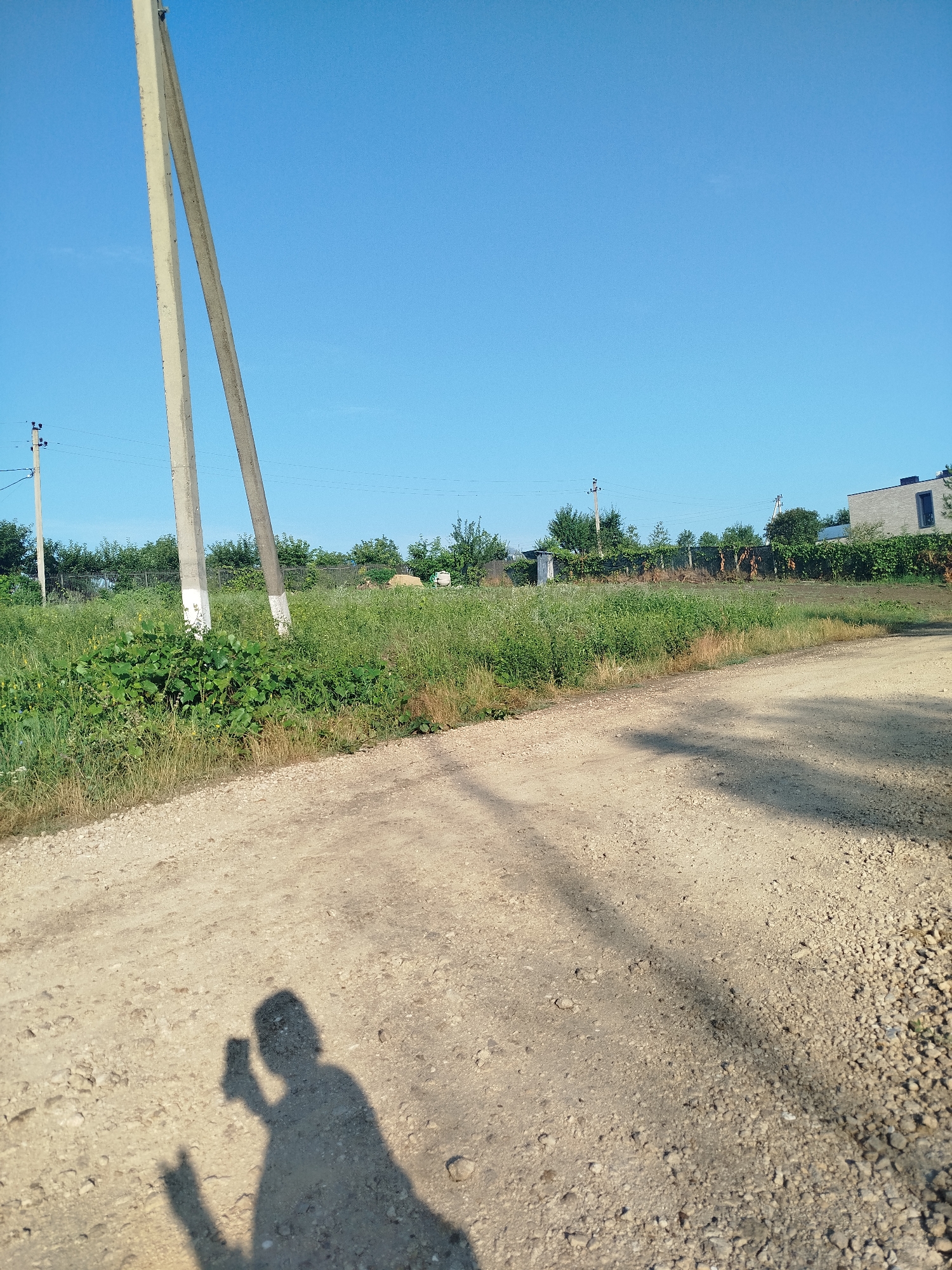The image depicts a rural dirt road in Nimoreni, Moldova, under a clear blue sky. In the foreground, a shadow of a person holding a smartphone is cast on the dusty road, indicating a selfie was taken. To the left, two tall concrete power poles stand against the sky, with the closest one partially painted white near its base. Beyond the road and poles, a dense, green grassy area extends, dotted with various plants and some dry, taller grasses. Further in the background, a line of trees and bushes forms a natural barrier, behind which a fence is visible. A modern-looking building with dark windows and a grey facade is situated on the right side of the background. The overall scene is characterized by natural elements and infrastructure typical of a rural landscape.