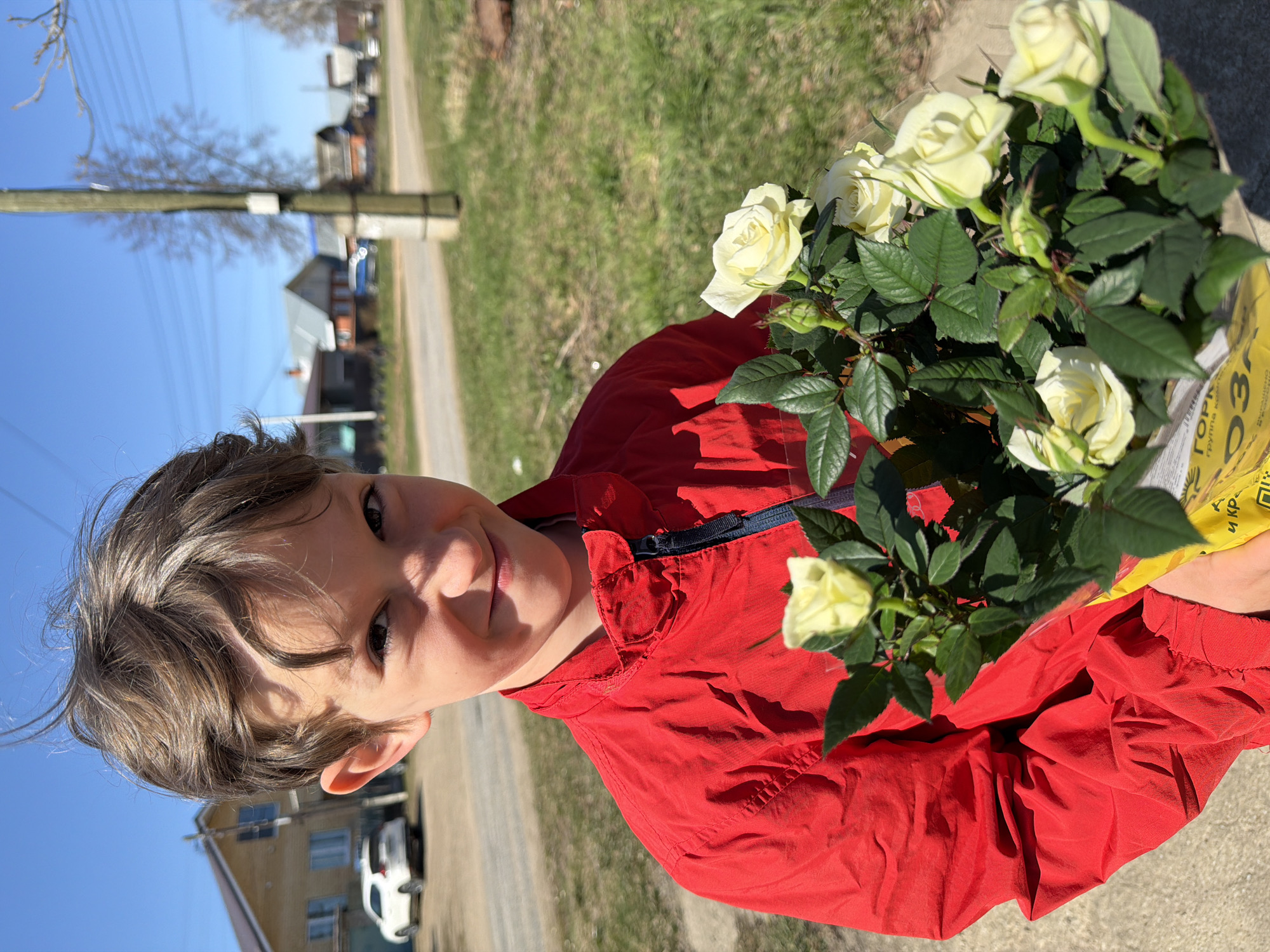 A medium shot captures a young boy outdoors, likely in a residential area of Chaikovsky, Russia. He is holding a bouquet of creamy white roses, partially obscuring his red jacket. The background includes a road, a grassy verge, utility poles, and houses. The sky is blue.