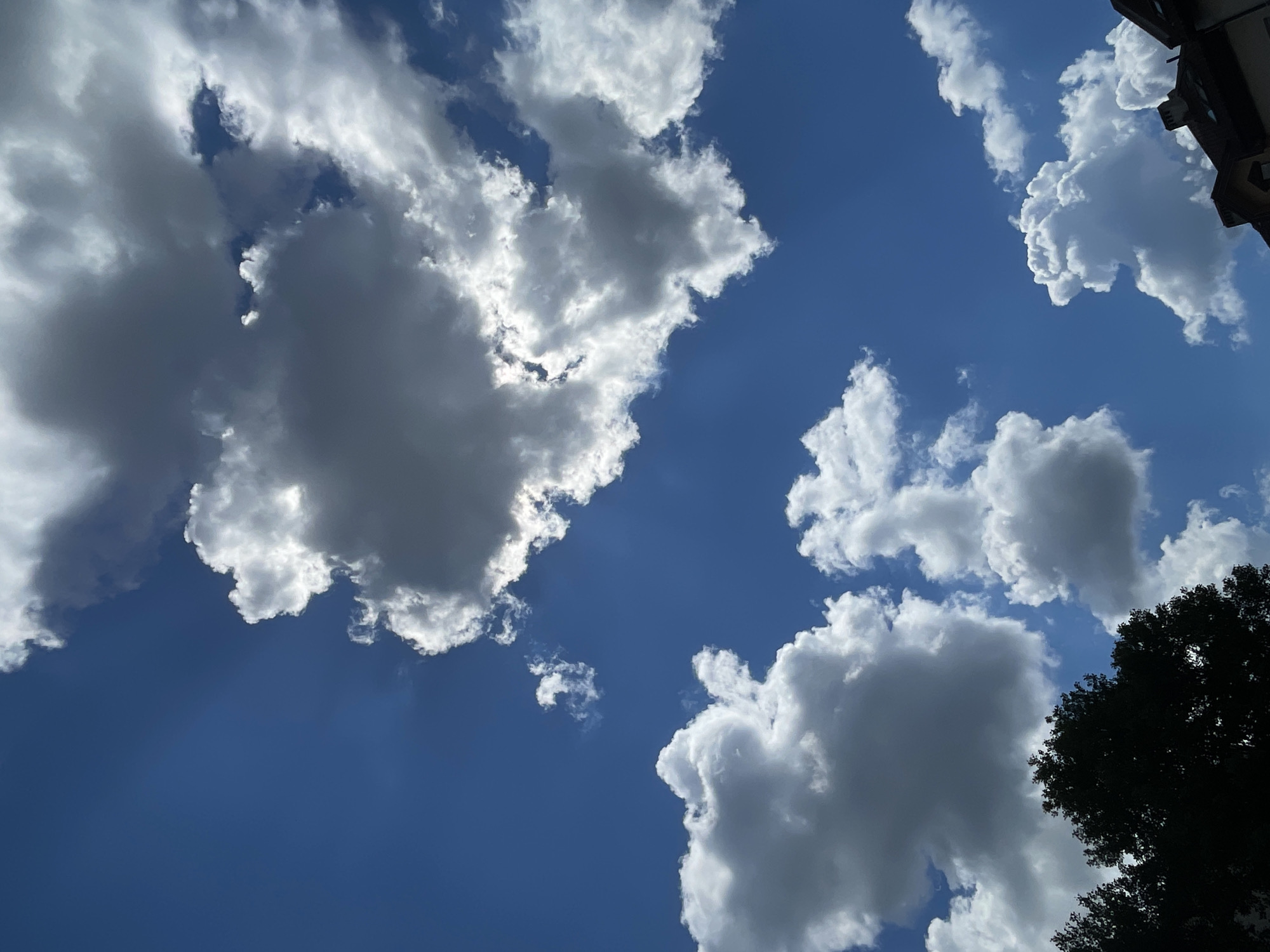 The image depicts a bright blue sky filled with various types of clouds, ranging from fluffy white cumulus clouds to darker, more dense formations. Sunlight streams through some of the clouds, creating visible rays. In the lower left corner, the dark silhouette of tree foliage is visible, suggesting the presence of trees. The lower right portion of the image shows the upper section of buildings with tiled roofs, indicating an urban or suburban environment. There are no people or animals visible in the scene. The overall impression is of a partly cloudy day.