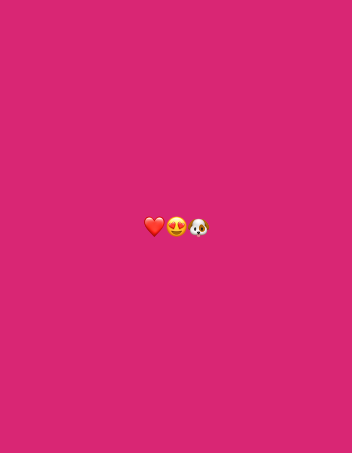 The image is a solid magenta background with three emojis placed horizontally in the center. From left to right, they are a red heart emoji, a smiling face with heart-shaped eyes emoji, and a dog face emoji. There is no information in the image to indicate a location in Warsaw, Poland.