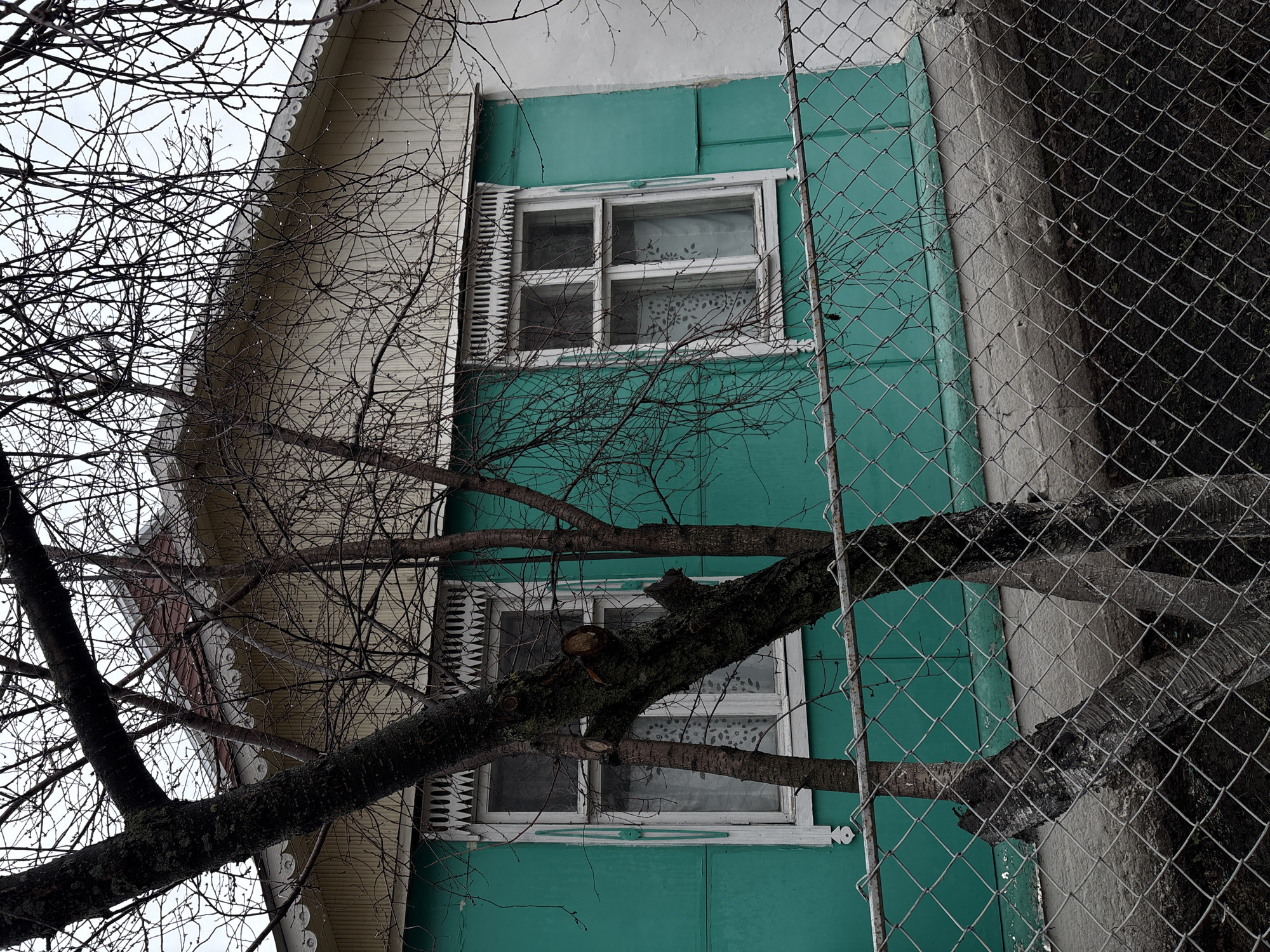 The image shows a two-story building in Ulyanovsk, Russia. The building is painted turquoise green with white window frames. A leafless tree branch obscures part of the building. A chain-link fence is partially visible on the right side of the image. The sky appears overcast.