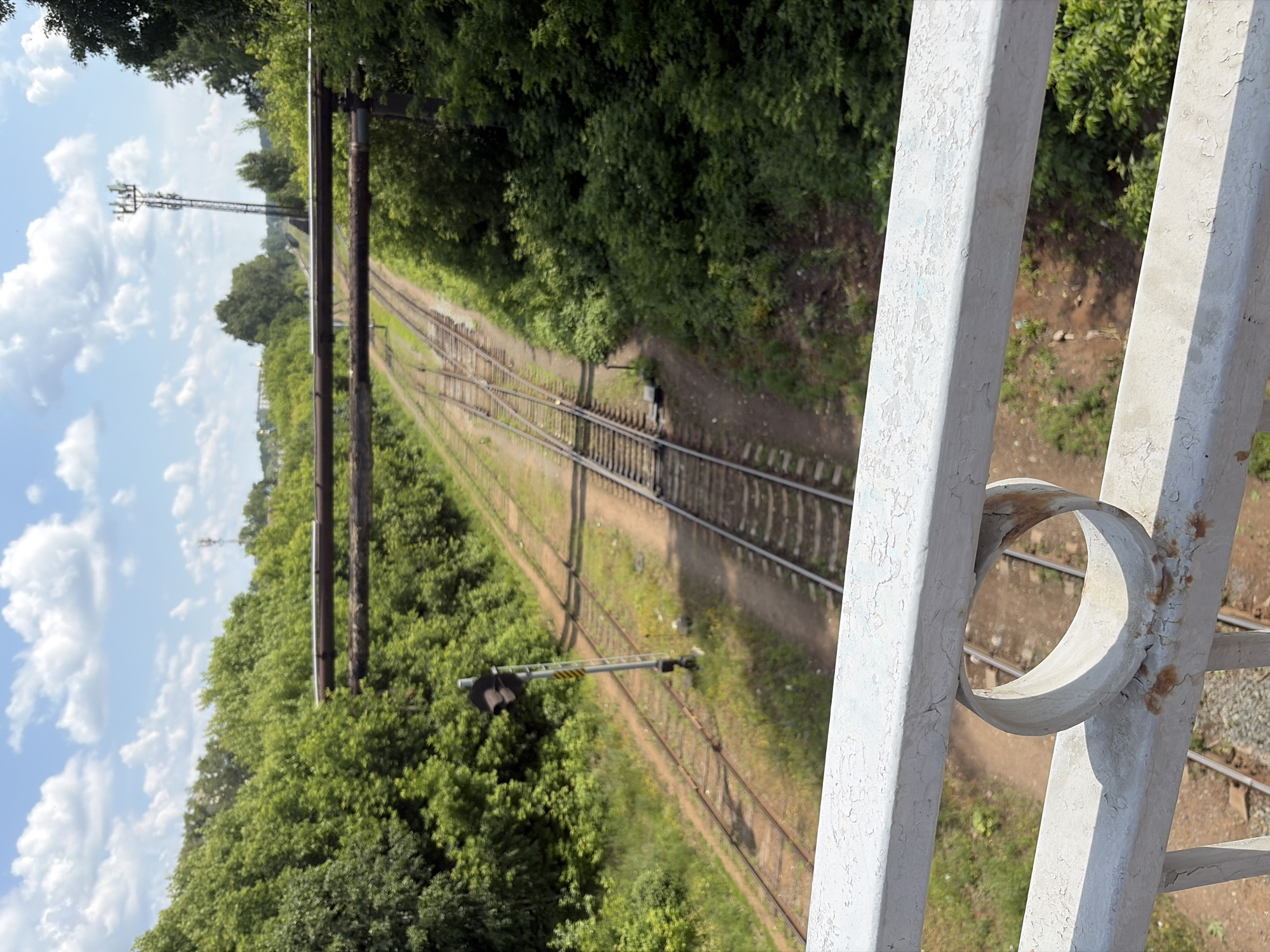 The image captures a perspective from a white railing, looking down upon a railway line surrounded by lush green trees. The sky above is a vibrant blue with scattered white clouds. Two parallel sets of railway tracks converge in the distance. A railway signal, with a black and yellow pole and a black signal head, stands prominently next to the tracks. Overhead, large industrial pipes are suspended by wooden posts, crossing the railway line. Further in the background, a tall telecommunications tower is visible against the sky, with some buildings appearing on the horizon. The foreground railing shows signs of wear, with peeling white paint and some rust marks.