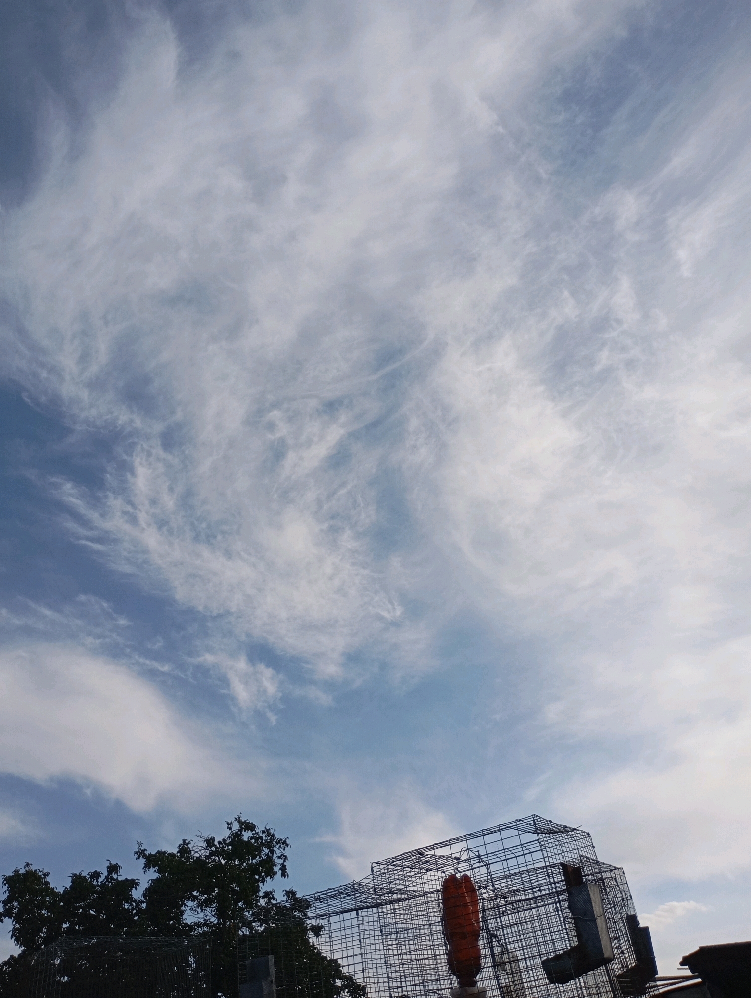 The image depicts a view of the sky from a low angle, likely from ground level or a slightly elevated position within the city of Horishni Plavni, Ukraine. The sky is predominantly blue, filled with wispy, feathery clouds that suggest fair weather conditions. In the foreground, a silhouette of a large tree with dense foliage is visible on the left side. To the right of the tree, a large, metallic cage-like structure is prominent. Inside this cage, a bright orange, cylindrical object, possibly a buoy or a large container, is visible. The structure appears to be constructed from a grid of metal wires. The overall scene suggests an outdoor setting, possibly an industrial area or a rooftop, given the presence of the cage and the city context.