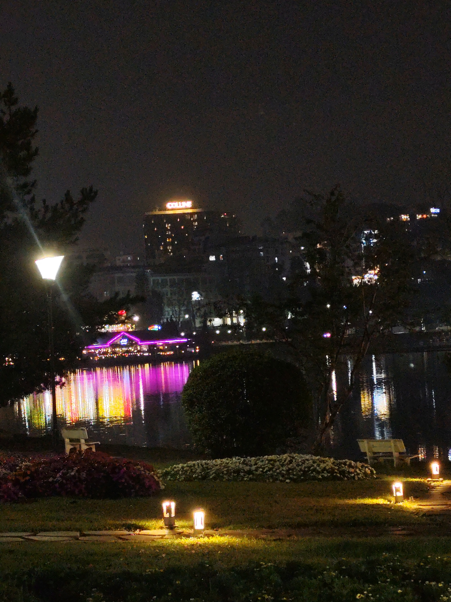 At night, a body of water reflects city lights in Da Lat, Vietnam. A building with “COLLINE” on its roof is visible. A lighted structure on the water is reflected in pink and yellow hues. Park benches and garden lights are on the shore. Bushes and flowers are visible. A streetlight illuminates the foreground.