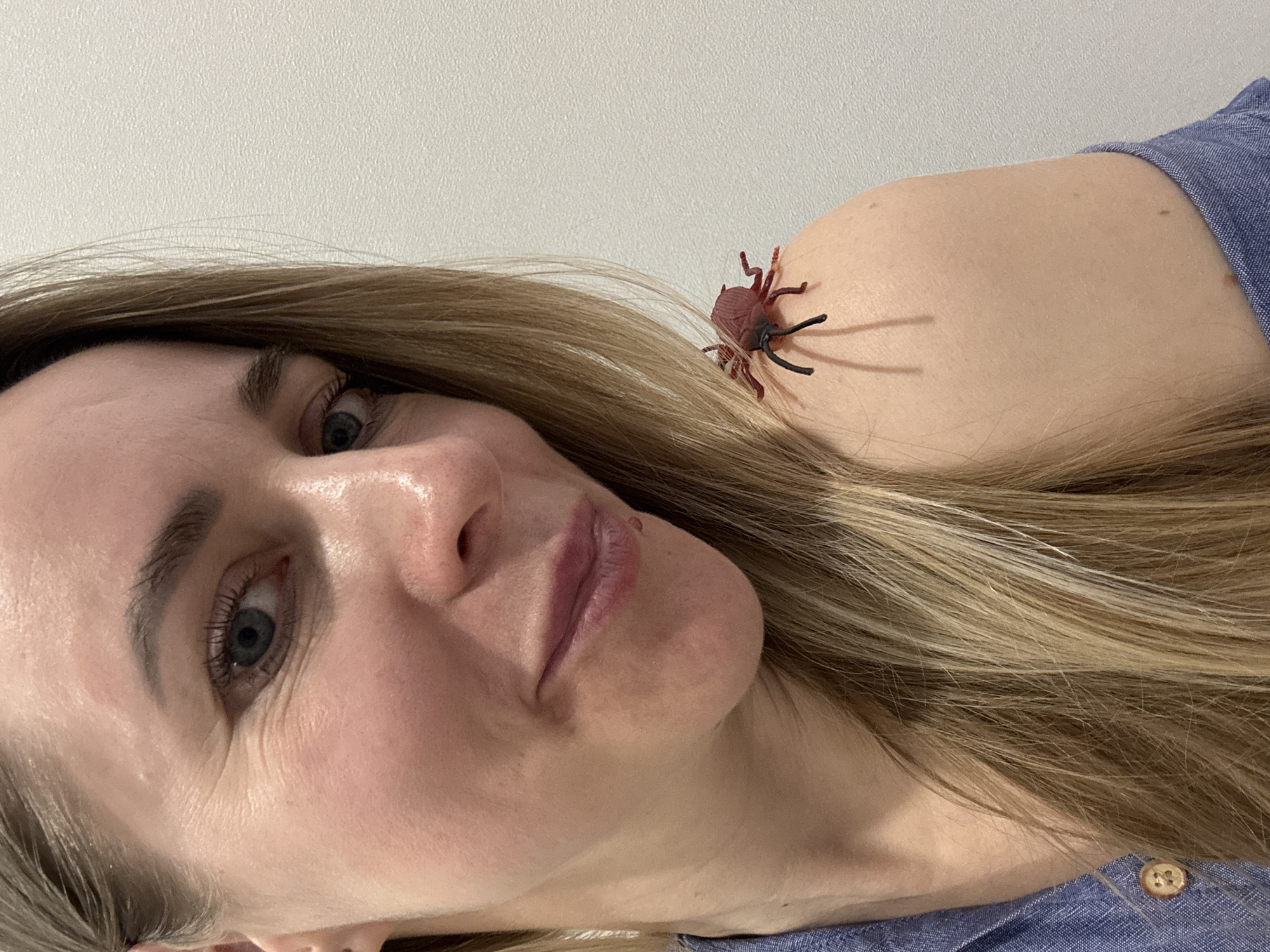 A woman with blonde hair and blue eyes is pictured in a close-up shot. She has fair skin and is wearing a blue shirt. A red plastic bug with black legs is positioned on her shoulder. The background is a plain white wall. The location is unknown, though the prompt mentions Chaikovsky, Russia.