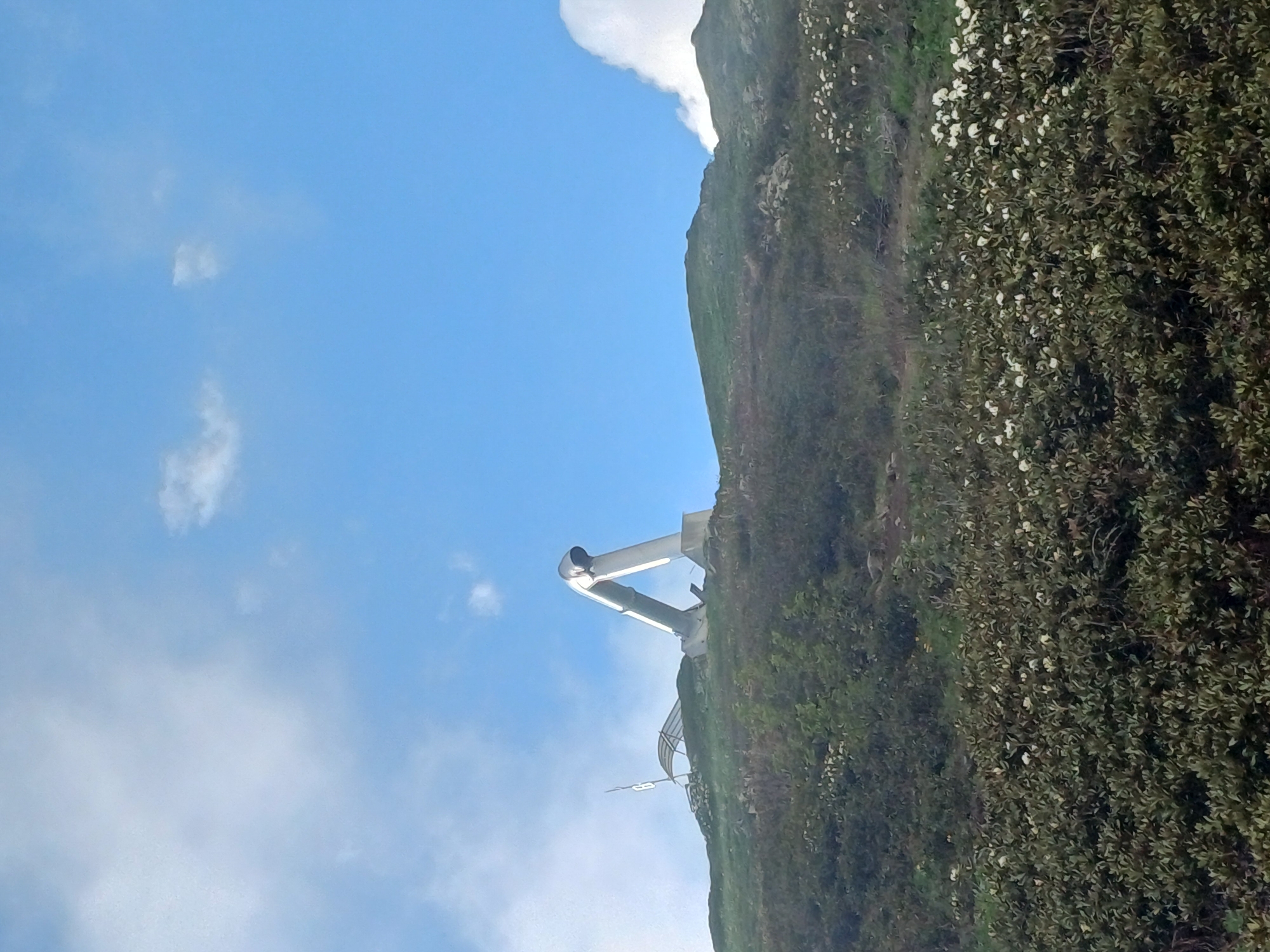 The image depicts a mountainous landscape in Estosadok, Russia, with a clear blue sky dotted with white clouds. The scene is dominated by a steep, grassy mountainside covered in dense green foliage and small white flowers, suggesting it's springtime or early summer.
In the middle ground, a modern, white metal structure with a curved, U-shaped design is visible, protruding from the mountainside. This structure appears to be part of an amusement ride or an observation platform, possibly a ski lift or a specialized attraction, given the mountainous terrain. Another, more distant structure with a curved metal frame and supporting columns can be seen further down the slope.
The perspective is slightly tilted, as if the photo was taken from a moving vehicle or while standing on an incline. The lighting suggests it's daytime, likely late morning or early afternoon, with bright sunlight casting subtle shadows. The overall mood is one of natural beauty and outdoor adventure. There is no visible text in the image.