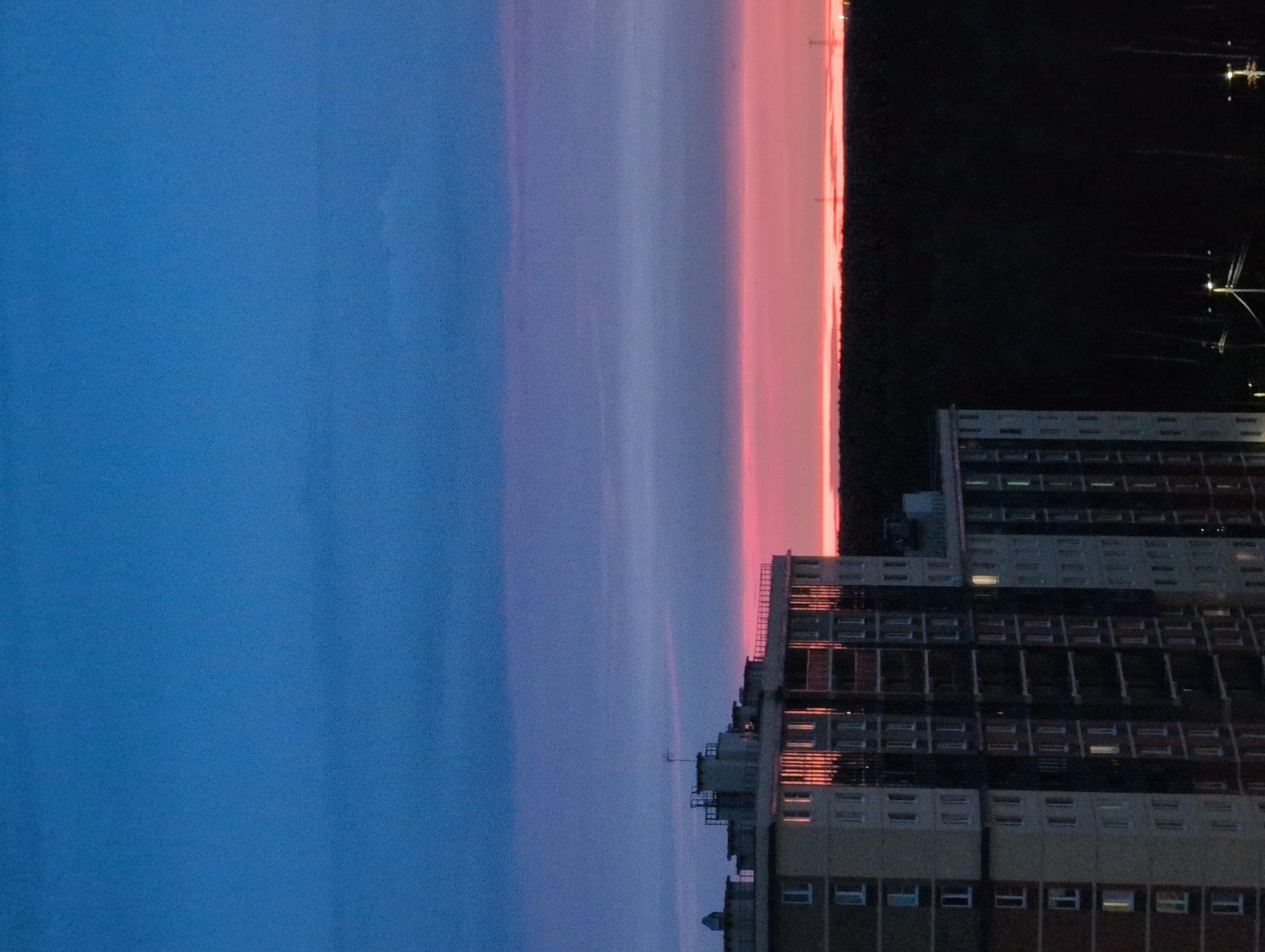 This image captures a twilight scene over a cityscape in Saint Petersburg, Russia. The sky transitions from a deep blue at the top to a vibrant pink and orange horizon just above a dark, silhouetted treeline. In the foreground, two multi-story apartment buildings are visible. The building on the left is lighter in color, with visible windows reflecting the sunset. The building on the right is darker and appears to be partially obscured by shadows. The overall impression is of a quiet evening in a residential area of the city, with the natural beauty of the sunset contrasting with the urban architecture.