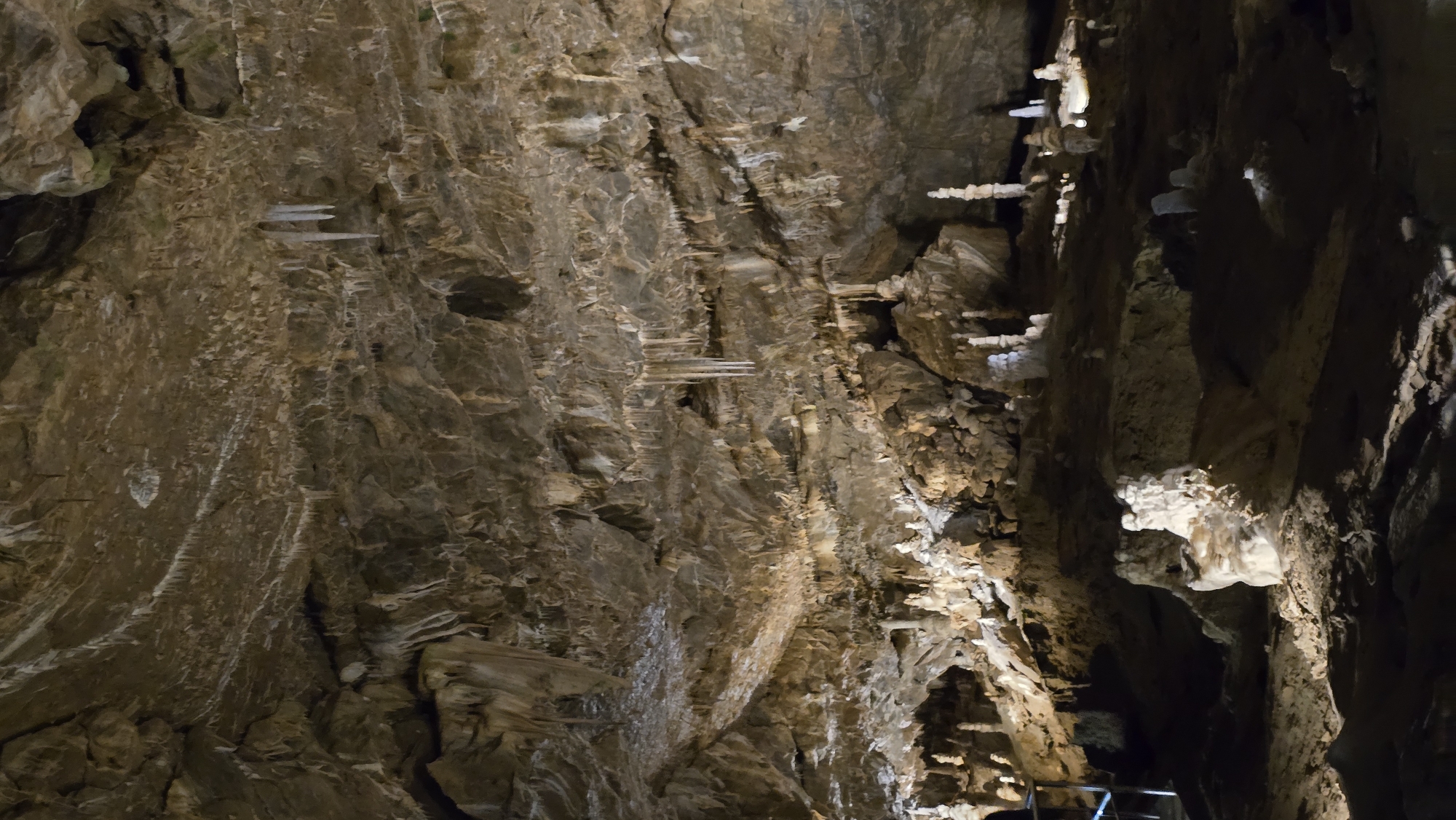 This is a full shot of the interior of the Javoříčko Caves located in Vavřinec, Czechia. The cave ceiling is adorned with numerous stalactites of varying lengths, some appearing thin and needle-like, while others are thicker and more irregular. A few prominent stalactites hang in clusters, notably in the upper right and upper central portions of the image. The cave walls are rough and textured, with layered rock formations. In the lower portion of the image, the cave floor is visible, featuring several stalagmites of different heights and shapes, some clustered together. One particularly large and prominent stalagmite is illuminated in the lower left of the frame. The environment is dimly lit, with artificial lighting highlighting the geological formations. There are no people or animals visible in the scene.