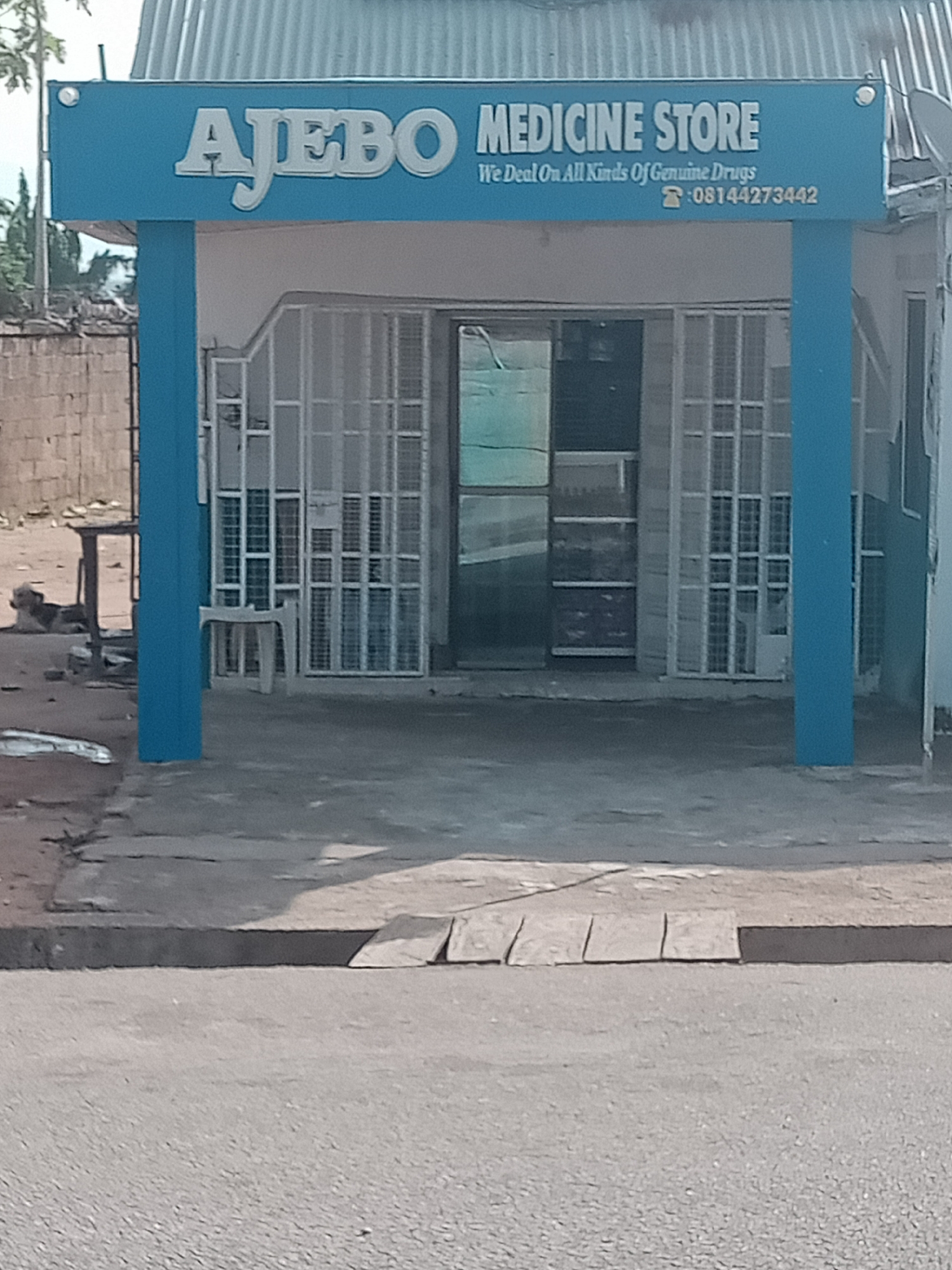 The image shows the facade of "AJEBO MEDICINE STORE" located in Jalingo, Nigeria. The store has a blue sign with white lettering that reads "AJEBO MEDICINE STORE". Below this, there is text that says "We Deal On All Kinds Of Genuine Drugs" and a phone number "08144273442". The store has metal grates covering the windows and entrance. To the left of the store, there is a brick wall and some vegetation. In the foreground, there is a street with some paving stones and a dark concrete curb. A dog is lying down to the left of the store entrance.