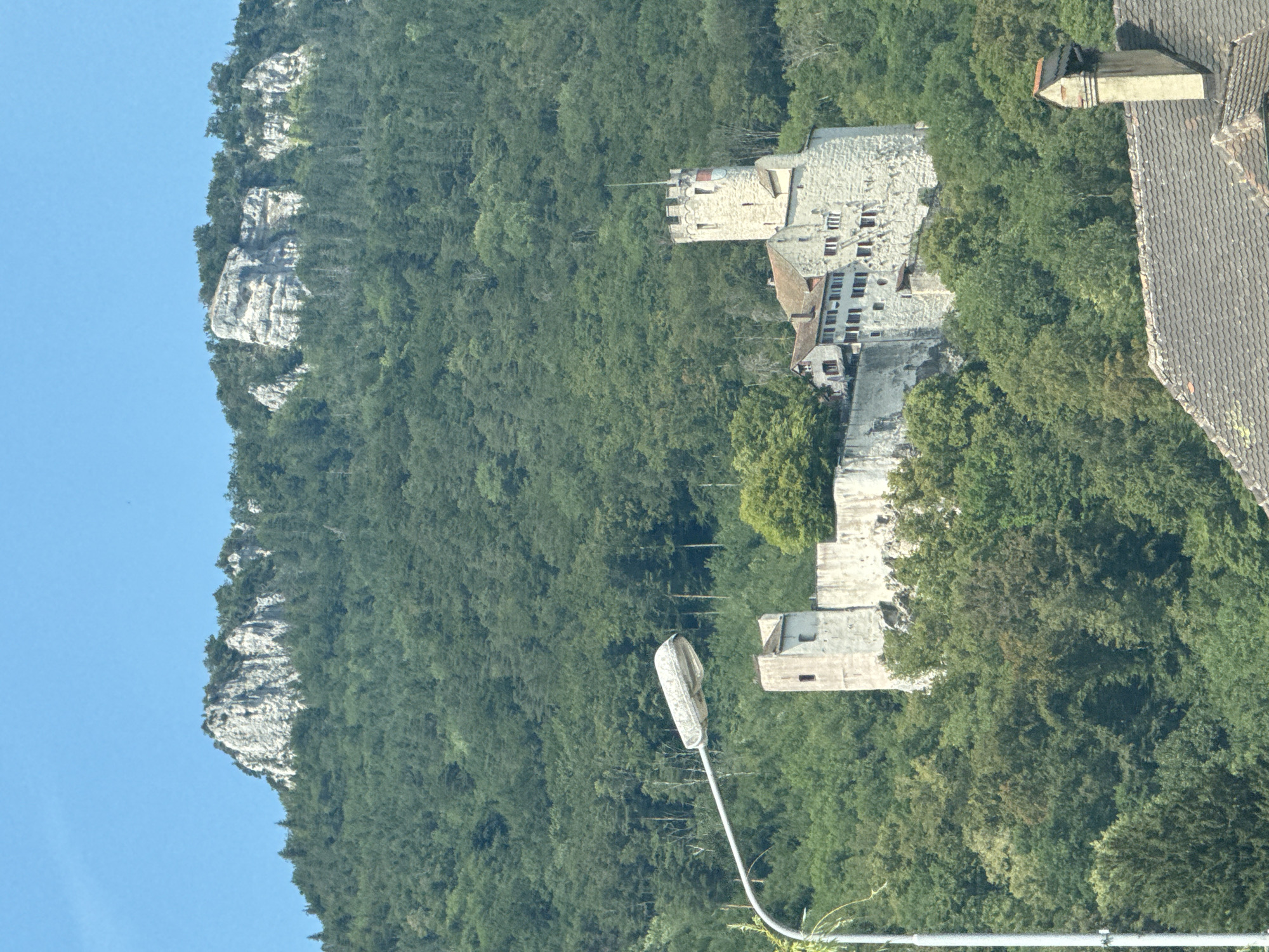 The image shows the castle of Neu-Bechburg, located on a wooded hill above Oensingen, Switzerland. The castle is partially ruined and consists of several stone buildings, including a tall tower. A modern street lamp is visible in the foreground, extending into the frame from the left. The castle is surrounded by dense green forest, and a rocky cliff face is visible at the top of the hill behind the castle. The sky is clear and blue. In the lower right corner, a portion of a tiled roof and a chimney are visible, suggesting the presence of other buildings below the castle.