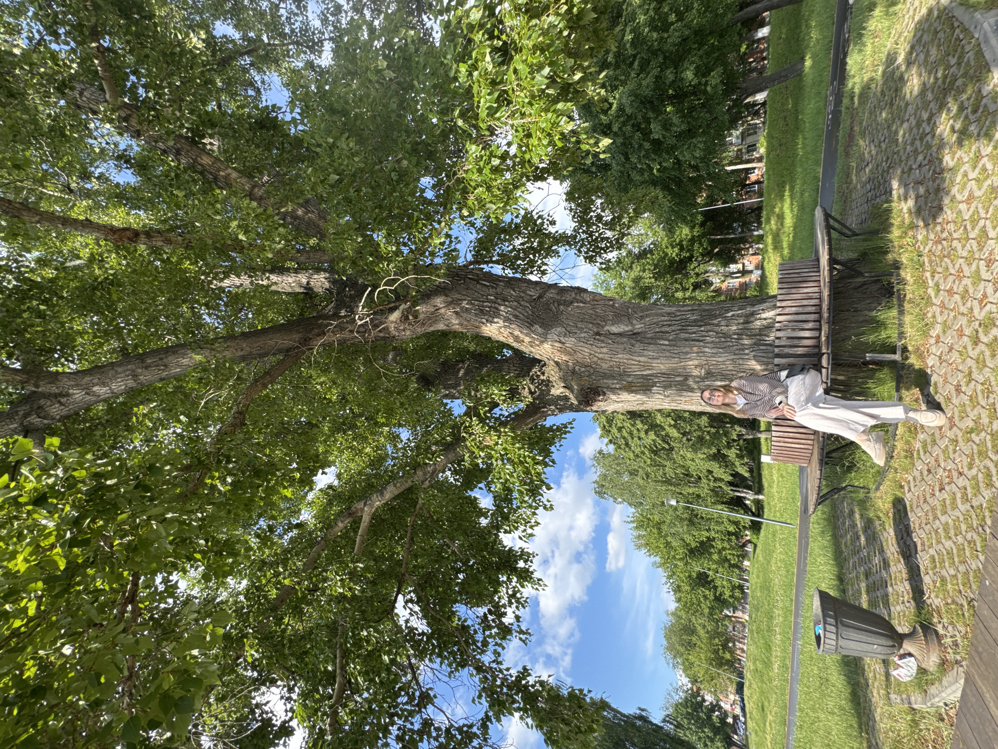 A young woman sits on a wooden park bench beneath a large tree with green leaves. The tree's trunk is thick and gnarled, partially obscuring the bench. The woman is fair-skinned with blonde hair, and wears a striped jacket, a white shirt, and light-colored pants and shoes. A sidewalk or paved area extends from the bench and runs parallel to a grassy park area with trees lining the edge. In the lower right corner is a dark waste receptacle on a stone base. In the distance, other trees and buildings can be seen. The sky is blue with scattered clouds. The location is the city of Votkinsk, Russia.
