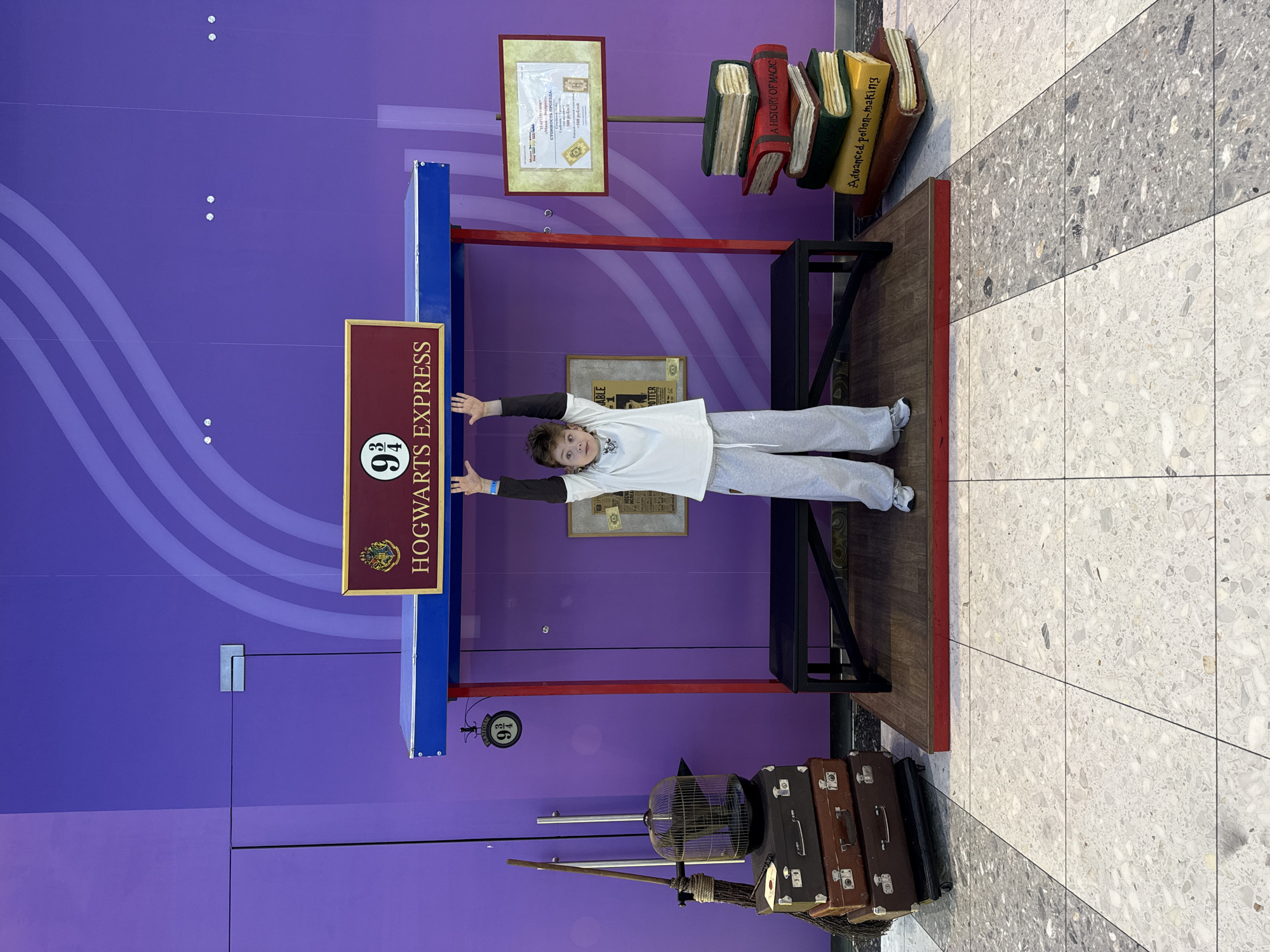 A vertically oriented photograph shows a child posing at a "Hogwarts Express Platform 9 3/4" photo opportunity setup indoors. The child, likely a young boy, is wearing a white t-shirt and grey sweatpants, with his arms outstretched to grasp the top of the blue and red "platform." Behind the boy, there is a purple wall with light purple curved designs.
The setup includes a brown sign that reads "HOGWARTS EXPRESS" with the number "9 3/4" displayed above. To the right of the child are faux stacks of books, and above the books is a framed certificate. To the left of the child, there is a hanging "9 3/4" sign, stacked vintage suitcases, a birdcage, and a broomstick. The setup rests on a wooden platform with black supports.
The floor is covered with a tiled pattern of white and grey. The picture seems to be taken indoors, at a fan event location in Родниковское сельское поселение, Ukraine.