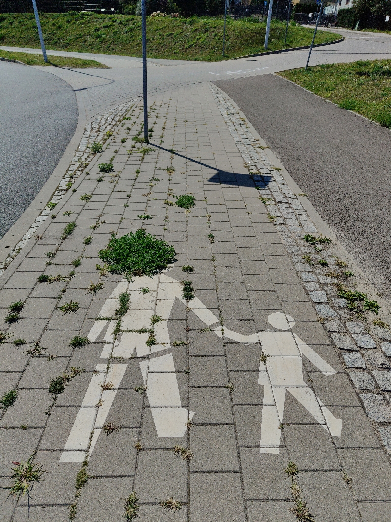 The image depicts a paved sidewalk in the city of Rumia, Poland. The sidewalk is constructed of gray rectangular pavers, with a border of smaller cobblestones along its edge. The sidewalk is overgrown with grass and weeds growing between the pavers. Two white painted silhouettes of people, a larger one on the left and a smaller one on the right, are present on the sidewalk. The larger silhouette appears to be a person, while the smaller one might be a child, walking together. A shadow from a nearby pole or structure is cast across the sidewalk. The background consists of a paved road on the left and a grassy slope with some vegetation on the right, leading up to a more distant area with trees and buildings. The scene appears to be outdoors on a sunny day, indicated by the distinct shadows.