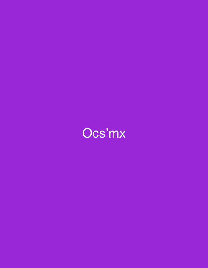 The image is a digital graphic featuring a solid, uniform deep purple background. Centered horizontally and vertically on this monochromatic field is the white text "Ocs'mx" rendered in a sans-serif typeface. The capitalization is title case, with "O" as an uppercase letter, followed by lowercase "cs", an apostrophe, and lowercase "mx". No other subjects, objects, people, or environmental features are depicted. The image contains no visual elements or cues that would allow for its localization to the city of Casablanca, Morocco, or any other specific geographical area; it is a purely textual overlay on a plain color background.