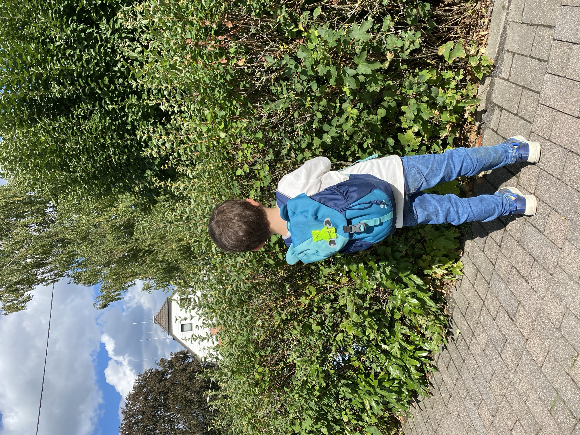 In the city of Flammersfeld, Germany, a young boy stands on a brick sidewalk facing away from the camera. He is wearing blue jeans, a white t-shirt, and blue sneakers. On his back is a teal and blue backpack adorned with a small green frog charm. The boy is positioned in front of a dense, green hedge that appears to be a boundary or garden feature. Behind the hedge, a white house with a brown roof is partially visible, along with trees under a partly cloudy blue sky. The lighting suggests it is daytime, likely morning or afternoon.