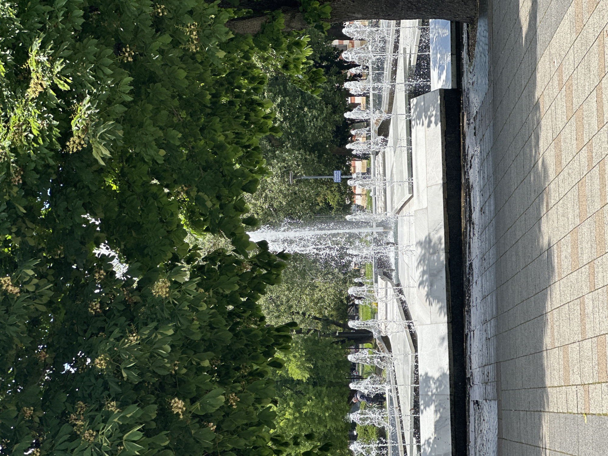 A ground-level, outdoor shot presents a multi-tiered fountain located along a paved walkway adjacent to lush greenery. The fountain features rows of symmetrical water jets that rise and fall in a choreographed pattern. The walkway appears to be constructed from light-colored concrete slabs with interspersed, contrasting accents. A dense canopy of green foliage, partially obscuring the view, lines the left side of the frame, suggesting the presence of trees. People can be seen walking in the background. This image shows the fountains at the fountain-square, located in front of the dramatic theater Ivan Radoev, in the city of Pleven, Bulgaria.