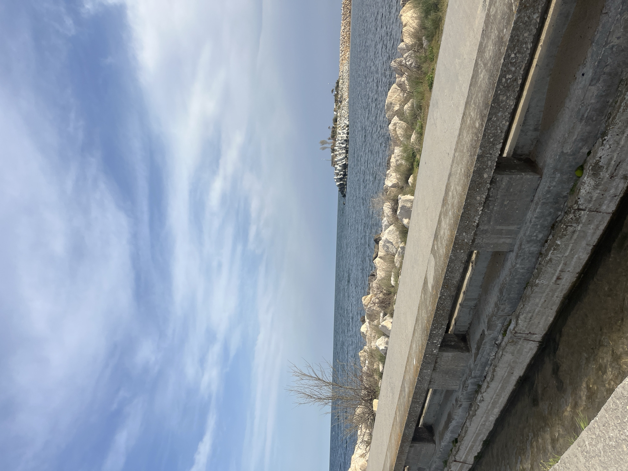 The image captures a concrete bridge over the Black Sea in Varna, Bulgaria. The sky is partly cloudy. The sea is slightly choppy, with a rocky breakwater visible in the distance. The bridge itself is gray and shows signs of age and weathering. Some sparse vegetation grows near the bridge supports. The scene appears still and unoccupied.