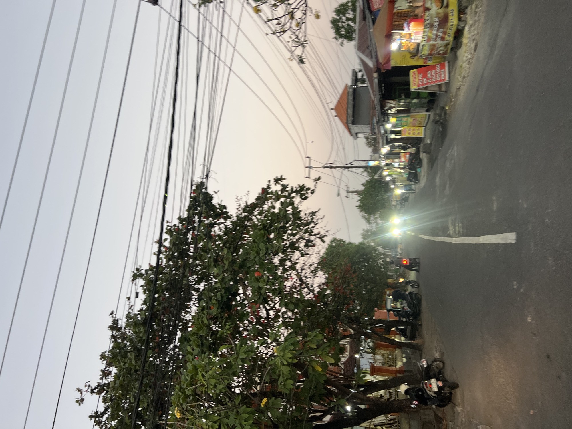 The image depicts a street scene in Denpasar, Indonesia, during twilight. The road is paved and has a white line marking the center. On the left side of the road, there is a large tree with green leaves and some red fruits, partially obscuring the buildings and a fence behind it. Several motorcycles are parked on the side of the road near the tree.
On the right side of the road, there are several small businesses or stalls, indicated by colorful signs and awnings. Some of these stalls appear to be food vendors, with prominent signage in Indonesian. Lights from the stalls and passing vehicles illuminate the scene.
Several individuals are visible, primarily riding or standing near motorcycles. One motorcycle in the foreground on the left has a rider wearing a helmet. Further down the road, lights from oncoming traffic create glare. Overhead, a complex network of power lines crisscrosses the sky, a common sight in urban Indonesian environments. The sky is a muted gradient of pale gray and pink, characteristic of dusk. The overall atmosphere suggests a busy local street as the day transitions into evening.