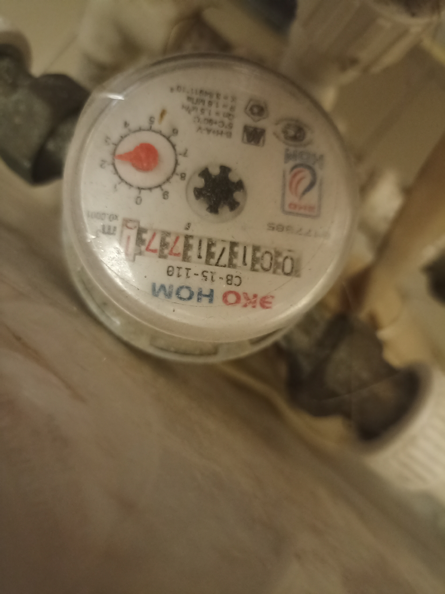 A close-up, slightly blurry, top-down view of a water meter is presented. The water meter is circular with a white face and black markings. A red needle points to a value on a dial. To the right of the dial, a small black asterisk-shaped object is visible. Below the dial, a digital display shows the numbers "7317777". Below the digital display, text is visible, including "CB-15-110" and "HOM OKE". The water meter is positioned vertically. The surrounding environment is out of focus, but appears to be a light-colored, possibly wooden surface, with some dark, pipe-like objects visible on the left and right edges of the frame. There are no people visible in the image. The image does not provide any information about the city of Bolshiye Dvory, Russia, or its specific location within the city.