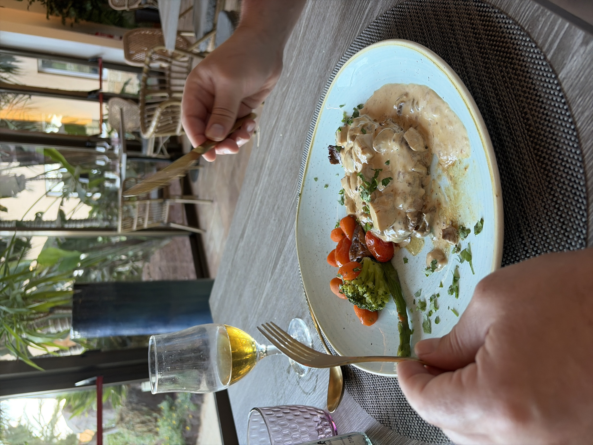 A person's hands are visible in a restaurant setting, holding a golden knife and fork over a light blue plate of food. The meal consists of a main dish, possibly chicken or meat, covered in a creamy mushroom sauce, accompanied by roasted vegetables including baby carrots, broccoli, and asparagus. The plate rests on a dark, textured placemat on a light wooden table.
To the left of the plate, a wine glass filled with a light, possibly white, beverage is visible, along with a textured purple glass. The background features large windows reflecting an outdoor scene with lush green plants, possibly palm fronds, and light-colored wicker chairs, suggesting a warm and airy environment. The reflections also indicate natural daylight.
The activity depicted is dining. A partial label with the text "So… 2.710€" is visible next to the purple glass, possibly indicating a price or product detail. The overall impression is a relaxed meal in a well-lit establishment. Given the location context, this scene takes place in Antigua, Spain.