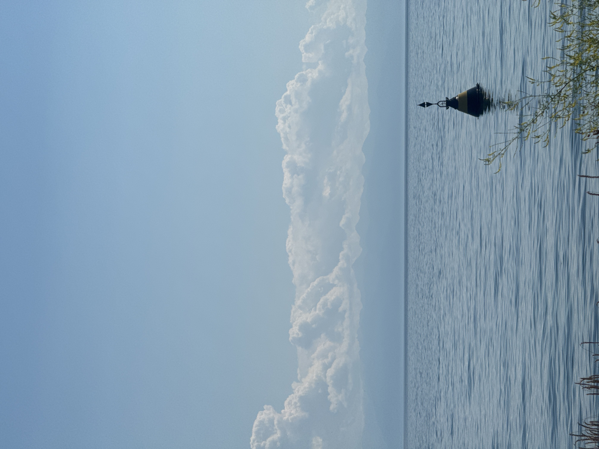 The image depicts a serene lake scene under a clear blue sky with scattered white clouds. In the foreground, the calm water is disturbed by gentle ripples. A yellow and black buoy, topped with a black triangular marker, stands in the middle of the water. To the right, a branch with thin, pale green leaves extends into the frame from the lower right corner. In the background, a hazy mountain range is visible on the horizon, separating the water from the sky. The overall atmosphere is tranquil and natural. This scene is likely located in Listvyanka, Russia, a village on the southwestern shore of Lake Baikal.