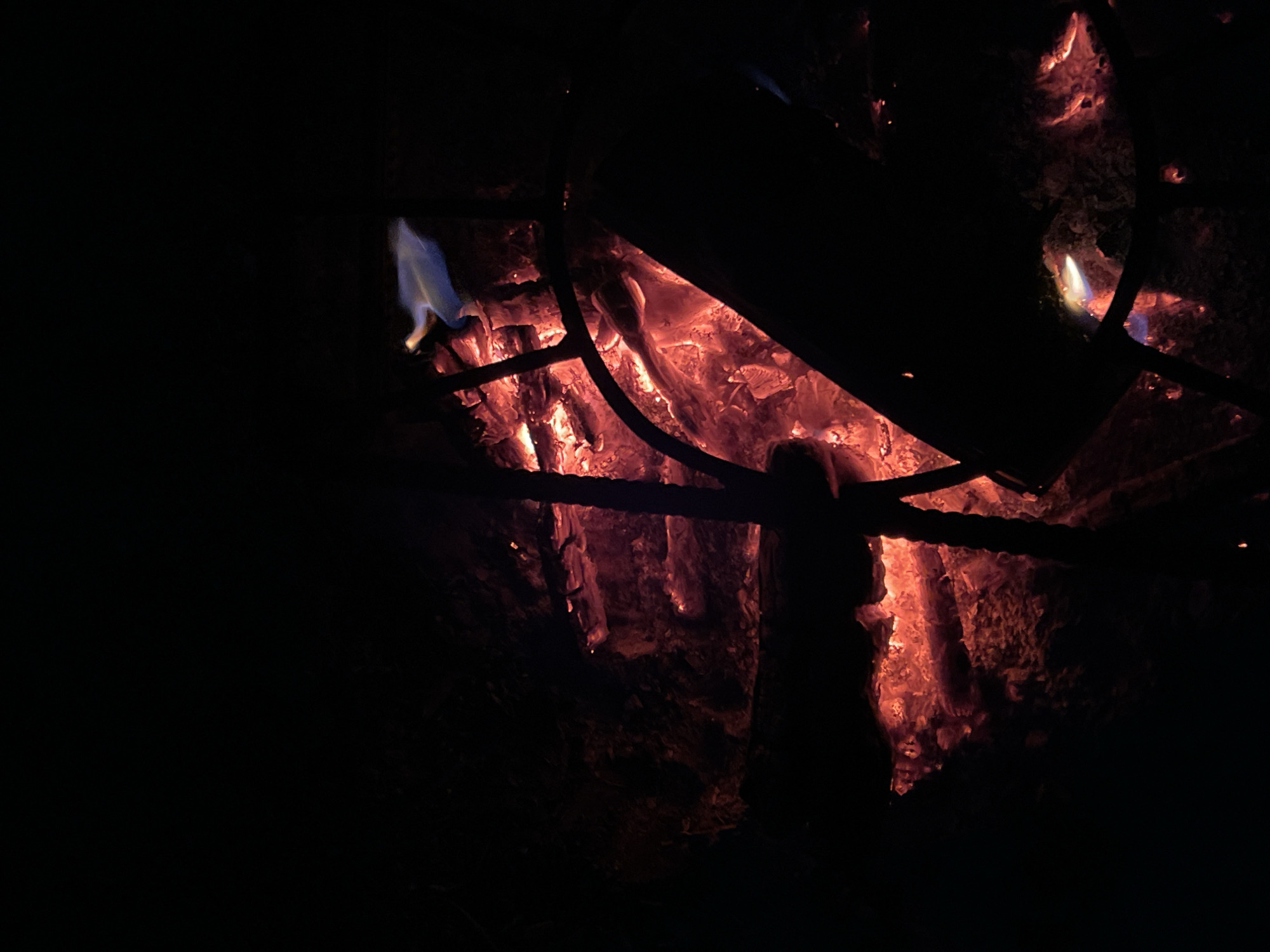 The image captures a close-up view of a campfire in Roshchino, Russia. The scene is dominated by the intense glow of embers and flames, casting a warm red and orange light against the darkness. Several pieces of wood are visible, some appearing partially burned and others still igniting. Metal rods, likely part of a fire pit or grill, are interspersed within the burning logs. A small patch of blue flame flickers in the upper right portion of the image, suggesting complete combustion in that area. The overall impression is one of a lively and dynamic fire.