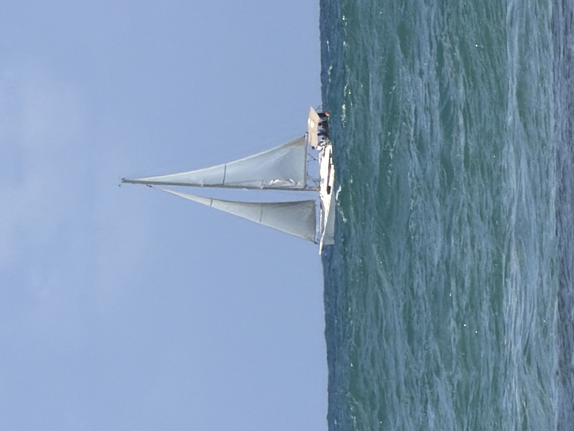 A sailboat is sailing in the sea near Tel Aviv. The sky is blue and clear.