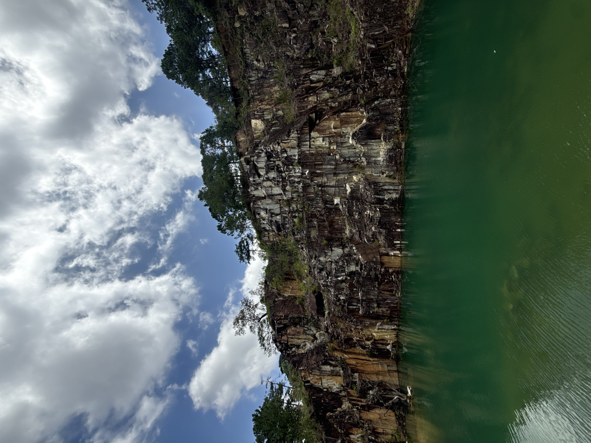 This image depicts a serene natural scene with a steep, rocky cliff face overlooking a body of calm, green water. The cliff is textured and layered, with visible strata and patches of vegetation clinging to its surface. Pine trees line the top of the cliff, their dark green foliage contrasting with the lighter hues of the rock and sky. The sky above is a bright blue, dotted with fluffy white clouds that cast soft shadows on the landscape. The water is a rich emerald green and appears to be still, with subtle ripples visible on its surface, reflecting the surrounding environment. The scene is tranquil and untouched, suggesting a remote or protected natural area. The location is identified as Lán Tranh, Vietnam.