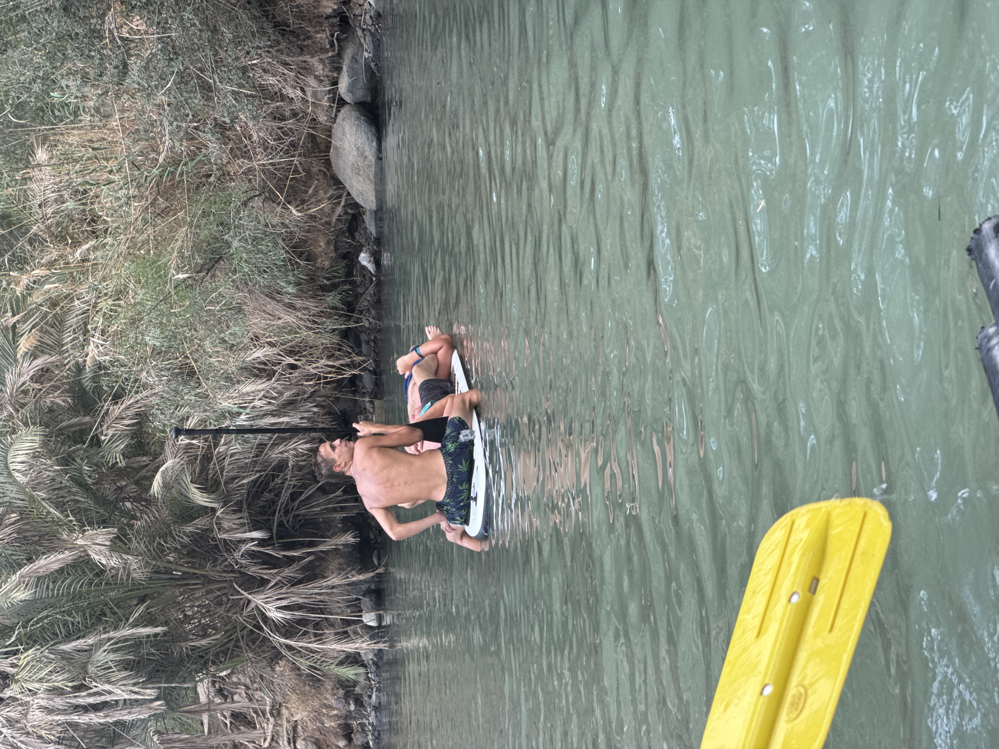 In Emek HaYarden Regional Council, Israel, two individuals are seen on a paddleboard in a body of water, likely a river or stream, surrounded by lush vegetation and rocky terrain. The person in the foreground, a shirtless male, is seated on the paddleboard, looking to the right. He is wearing patterned swim trunks. Behind him, another person is lying down on the paddleboard, wearing a blue top and black bottoms. A paddle is visible in the lower left corner of the image, partially submerged in the water. The water is clear and has a greenish hue, with ripples indicating gentle movement. The background features palm trees and dense foliage, suggesting a warm, natural environment. The scene appears to be a leisurely outdoor activity in a scenic locale.