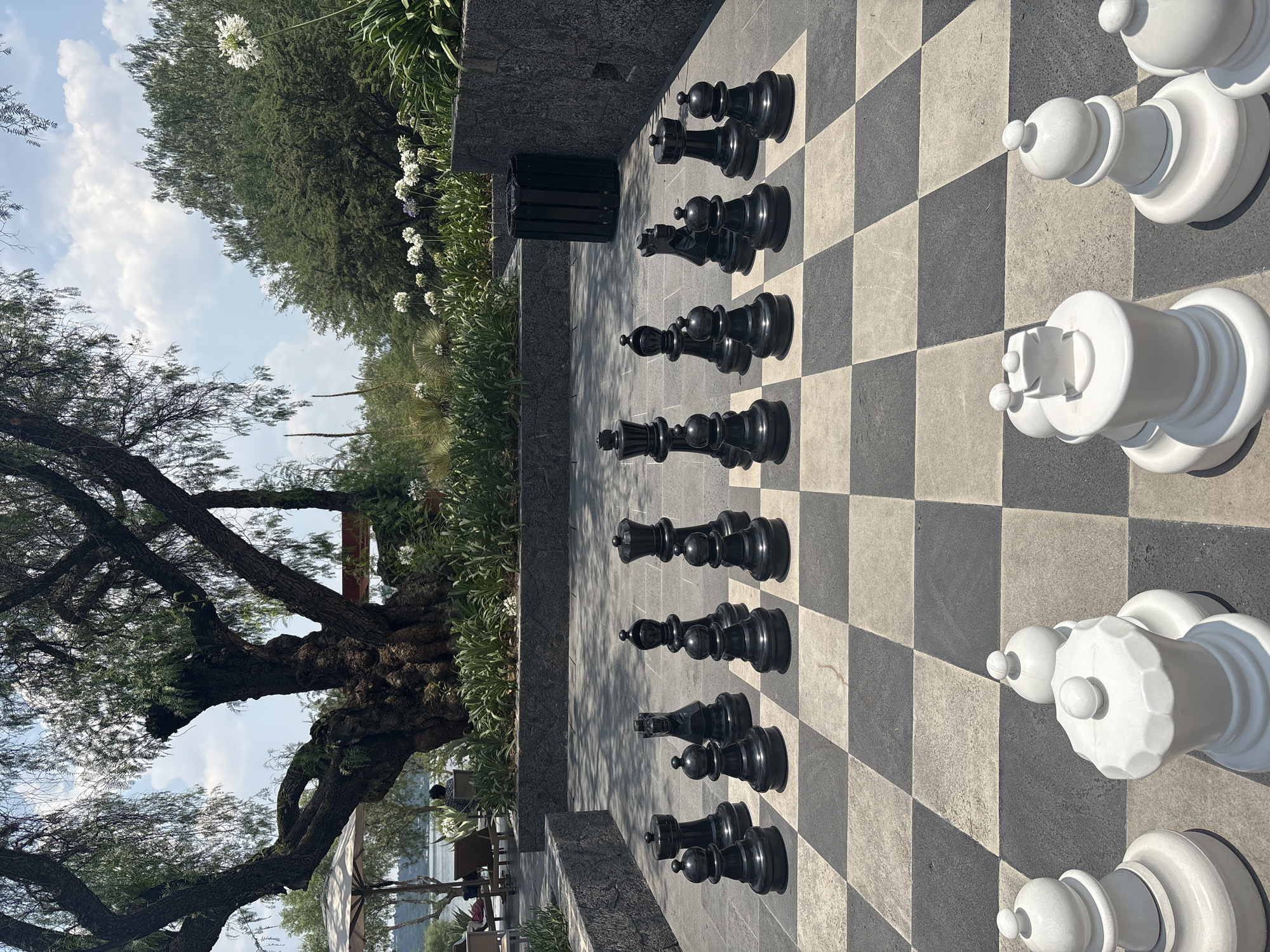 The image shows a large outdoor chessboard set up in what appears to be a park or garden setting. The chessboard has oversized chess pieces, with black pieces on one side and white pieces on the other. The surrounding area includes greenery such as trees and flowering plants, suggesting a natural environment. In the background, there are glimpses of structures that could be part of a building. The specific location is Pueblo Nuevo de Jasso, Mexico. There are some figures around tables which indicates there may be a cafe or eatery close by.